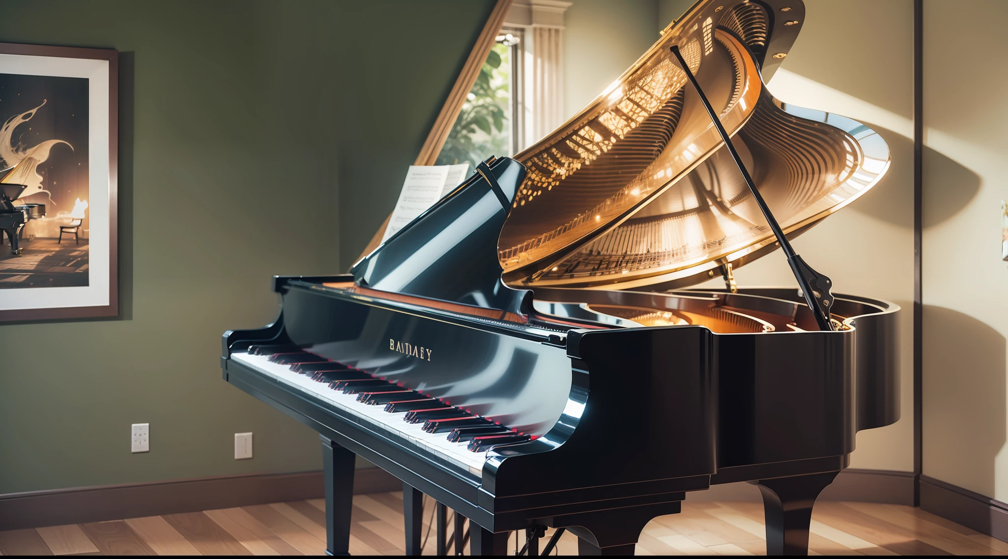 Acoustic grand piano, of shiny black wood, in a room, with artwork on the wall, artwork in the background