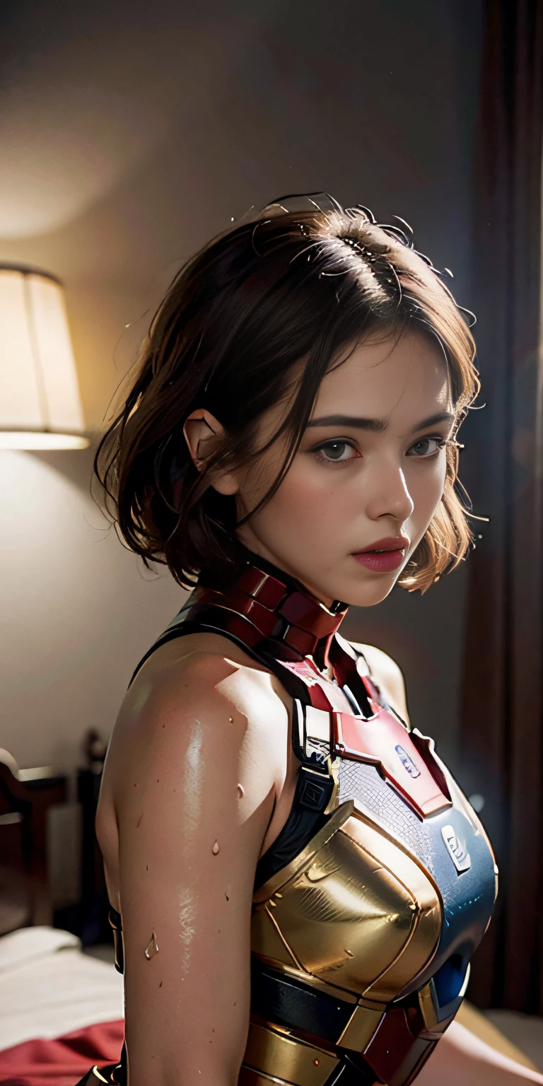 (1girl:1.3), solo,__body-parts__, official art, unity 8k wallpaper, ultra detailed, beautiful and aesthetic, beautiful, masterpiece, best quality, RAW, masterpiece, super fine photo,, best quality, super high Resolution, photorealistic, sunlight, full body portrait, stunningly beautiful,, dynamic pose, delicate face, vibrant eyes, (side view), wet-hair, short-hair, she is wearing a futuristic Iron Man mech, red and gold, , hotel interior, In the night of Van Gogh's painting, detailed face, milky, high detailed skin, realistic skin details, visible pores, sharp focus, 8k uhd, dslr camera, High quality, film grain, fair skin, photorealism, lomography,
