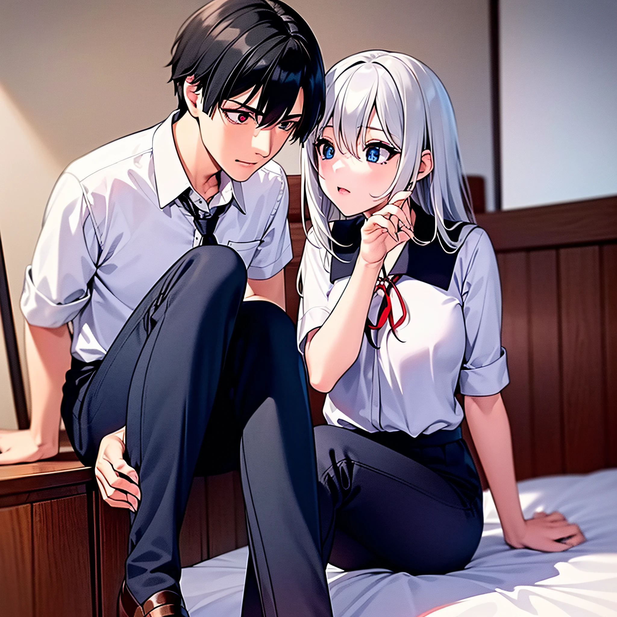 (masterpiece), (best quality), highres, ((((1girl she has gray hair with blue eyes and 1boy he has short black hair with red eyes who are classmates))))), ((((They have different hair colors and eyes do not confuse)))), (draws Kei and kiyotaka ayanokoji looking at each other), (2schoolmates who are Kei and kiyotaka ayanokoji looking at each other),  (kei1), (1girl), solo, ((((she has blue eyes)))), (she has long hair), (she wears a school uniform), (she has ribbon), (she has bangs), collarbone, she has gray hair, she has black hair band, she has neck ribbon, hair between her eyes, she has medium breasts, cowboy shot, she is looking seriously at kiyotaka ayanokoji,  anatomically correct whole body, is inside a school room, is sitting on a bed with her legs together, full detached scenary, (1boy), (kiyotaka ayanokoji), 15-year-old teenager, school uniform white shirt black jacket open jacket red tie long black pants sitting, ((((he has red eyes)))), ((he has short black hair)), anatomically correct whole body,  he has a jesus necklace around his neck, normal legs, wears black shoes, (he's looking at Kei1 or the girl), he's sitting in a chair, he's facing Kei, (full detail escenario)