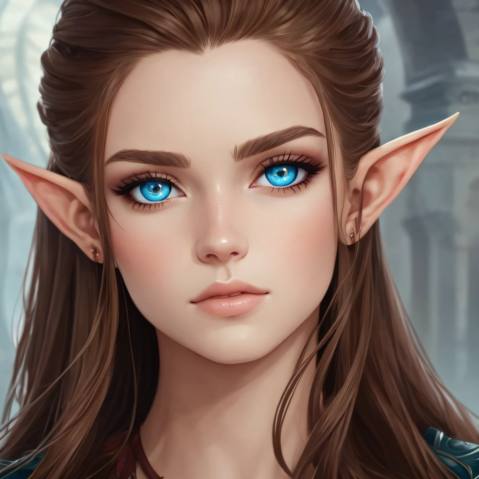 Draw Feyre Archeron, the heroine of "ACOTAR," with a realistic face. Portray her with deep, intense blue eyes, highlighting her determination and cunning. Highlight the arched, expressive eyebrows and pointed elf ears --auto