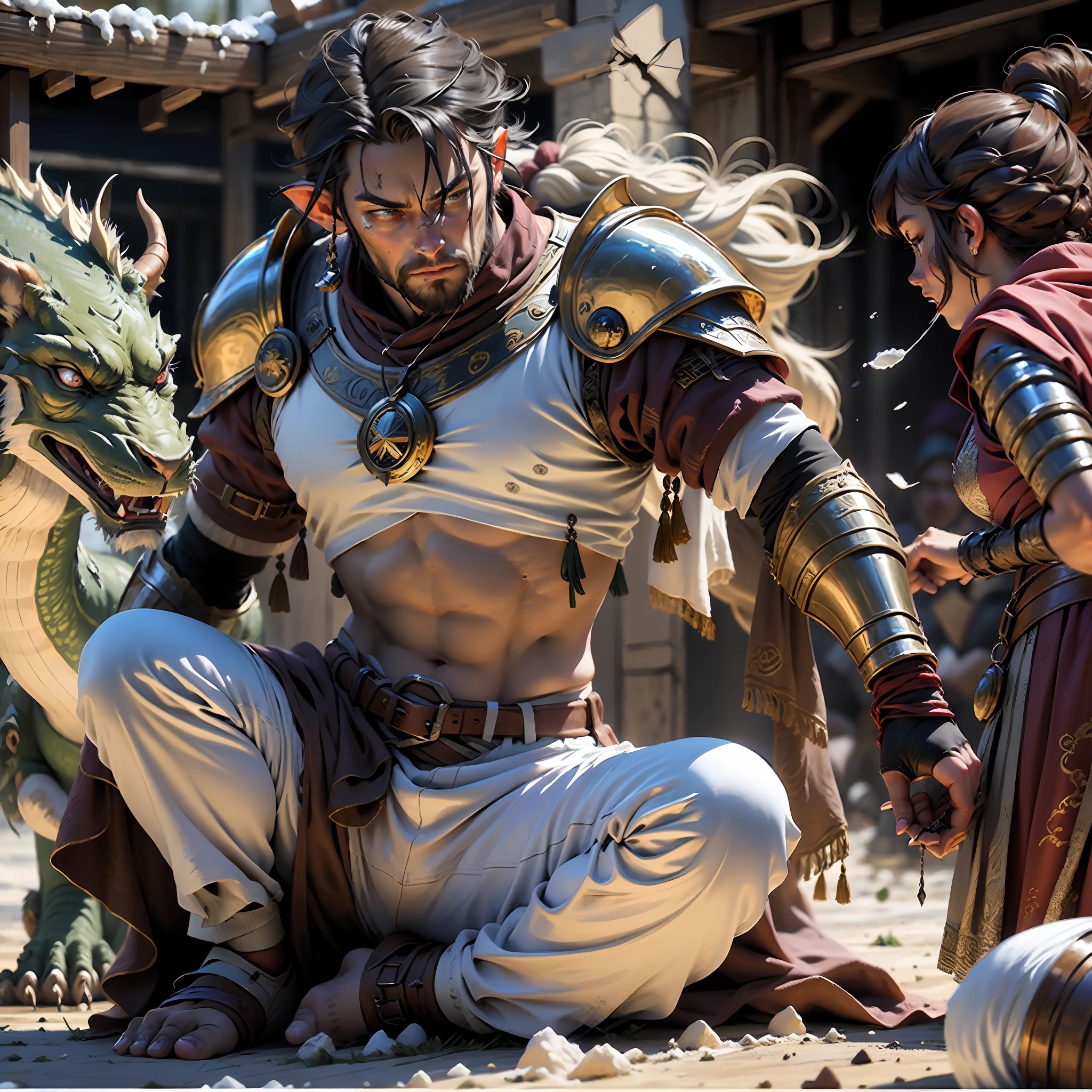 (8k, best quality, masterpiece: 1.2), (realistic, photo-realistic), epic battle scenario against dragon, (medieval fantasy), wizard conjuring ice magic, warrior attacking in jump, rogue stealing treasure, dwarf, elves, paladin, wallpaper, RPG