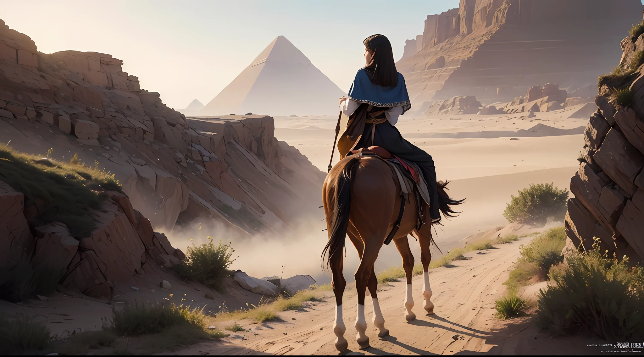 (photo RAW, 4k, masterpiece, official art, 8k unity wallpaper,high resolution, realistic, extremely complex),cinematic light,close-up,dynamic angle,beautiful and aesthetic,elegant,extremely detailed background,fancy art,best lighting,dynamic light, high saturation, romanticism, atmospheric, (fantasy illustration: 1.3) (dust) (mist) (young Mary riding a pony with baby Jesus in her arms being accompanied by Joseph who walks on foot beside her heading towards to Egypt through the desert seen from the back: 1.8), (Egypt far from the bottom: 1.5) from the back, 5 o'clock in the morning, (desert: 1.4) (Egypt), seen from the back