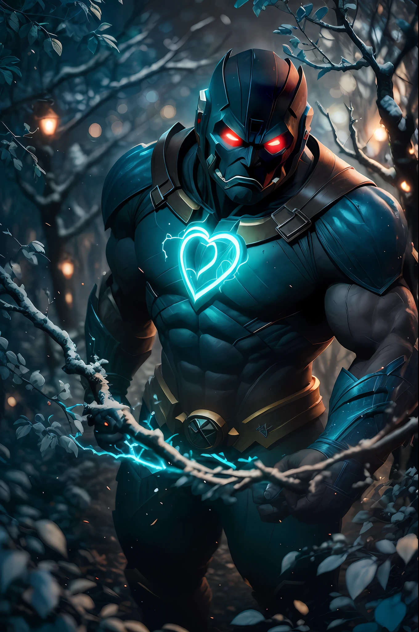 Darkseid from DC, covered with tree branches, bright blue white glowing heart visible from human, nighttime, colorful, photography hyper-detailed cinematic hdr lighting, softbox lighting, extreme detail