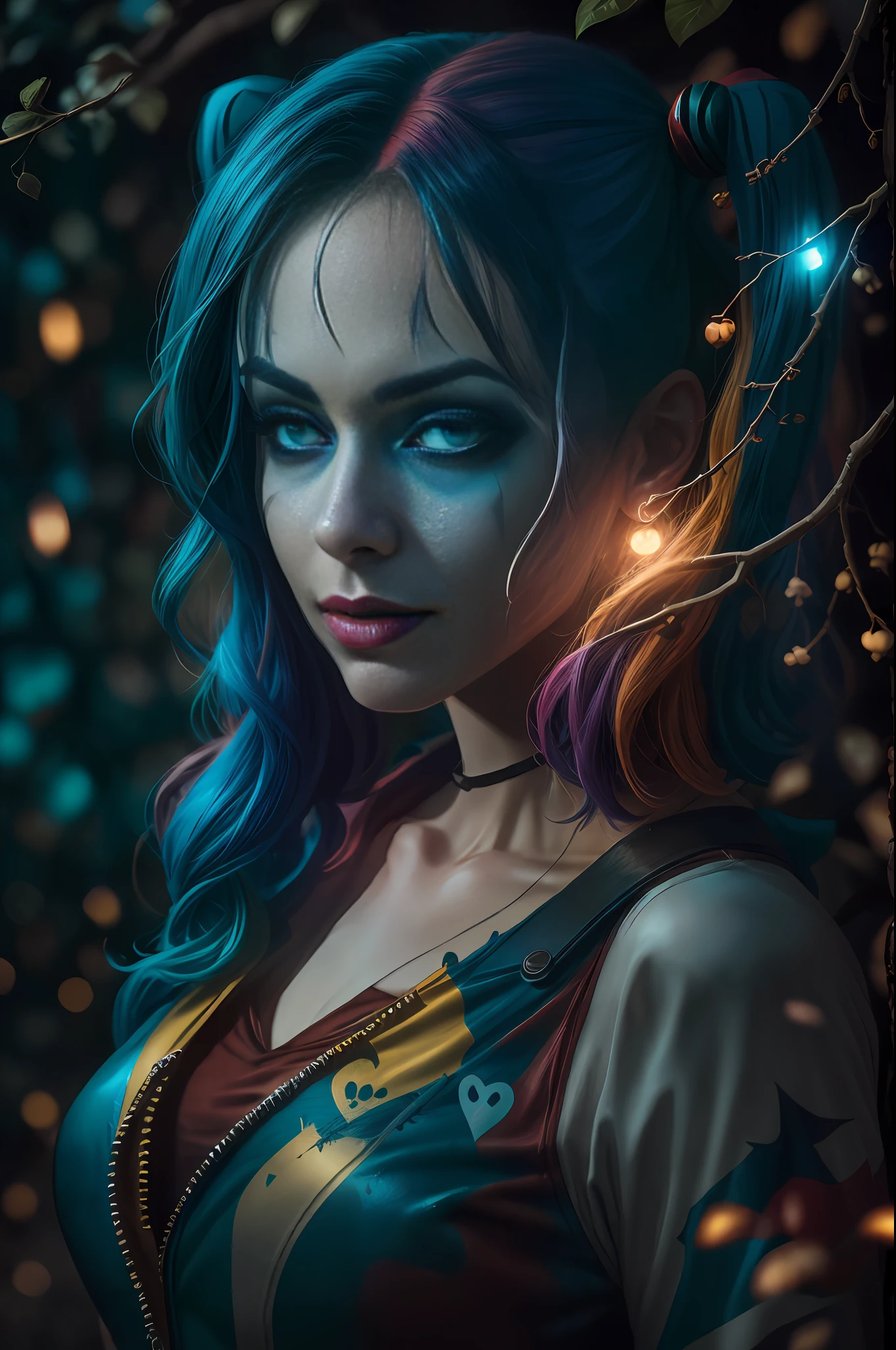 Harley Quinn from DC, covered with tree branches, bright blue white glowing heart visible from humans, nighttime, colorful, photography hyper-detailed cinematic HDR lighting, softbox lighting, extreme detail