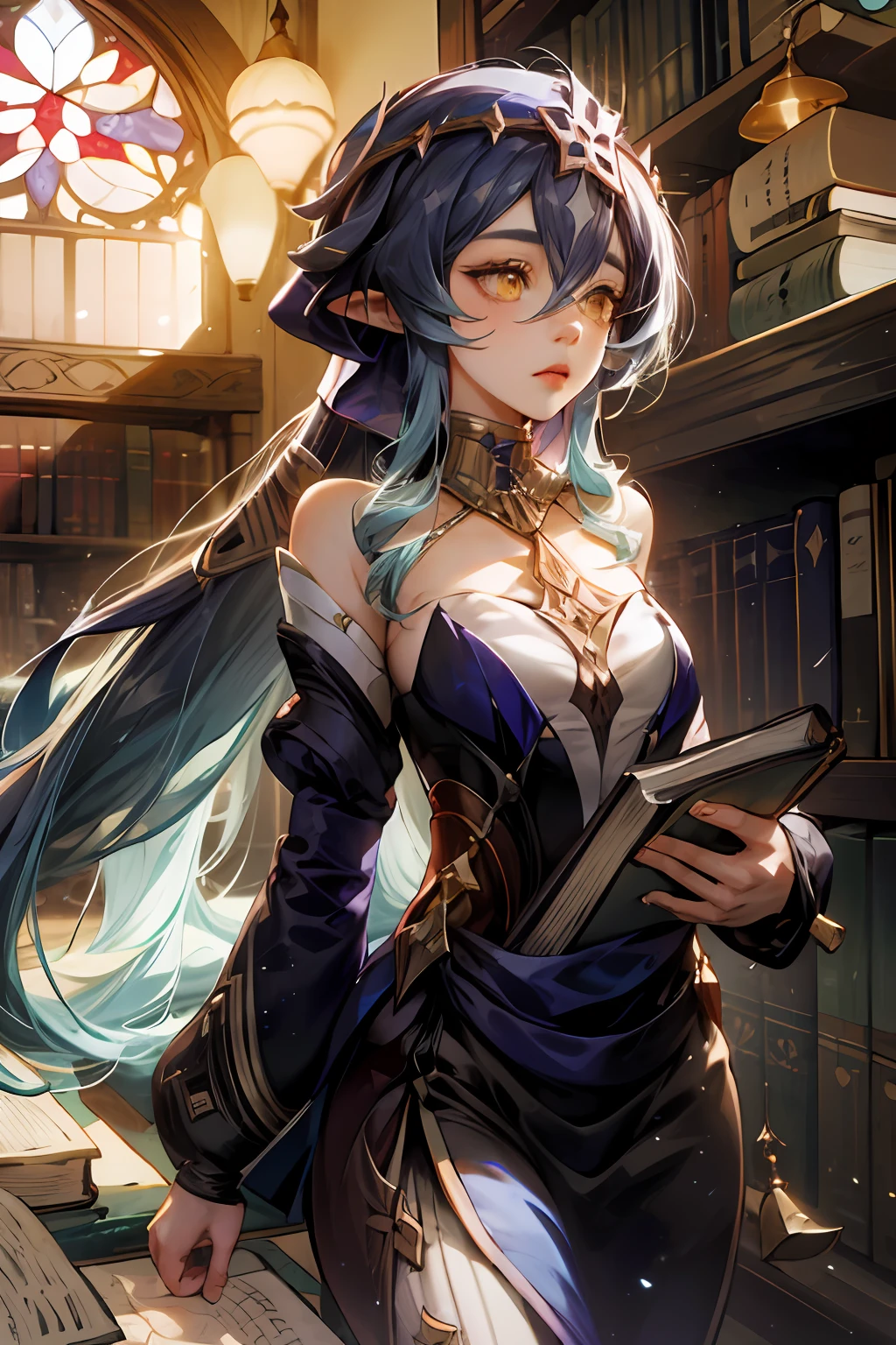 layla, yellow eyes, very long blue hair, genshin impact, walking in a big library at night, stained glass vintage lamps, lots of old books, sleepy, bookcases and bookshelves