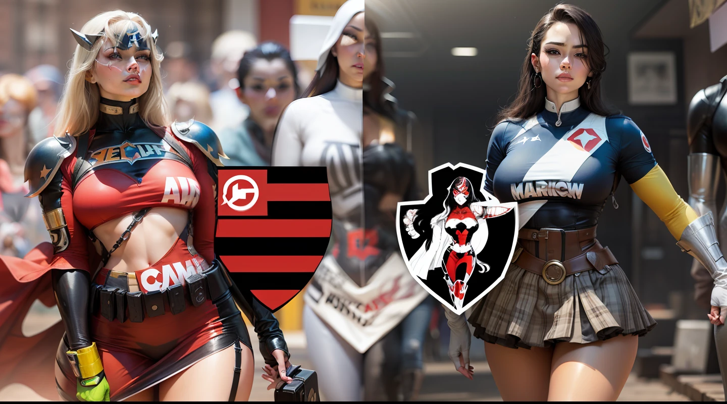A Femenina version of two women with faces, curved bodies and perfect charms, in Marvel superheroine outfits --auto