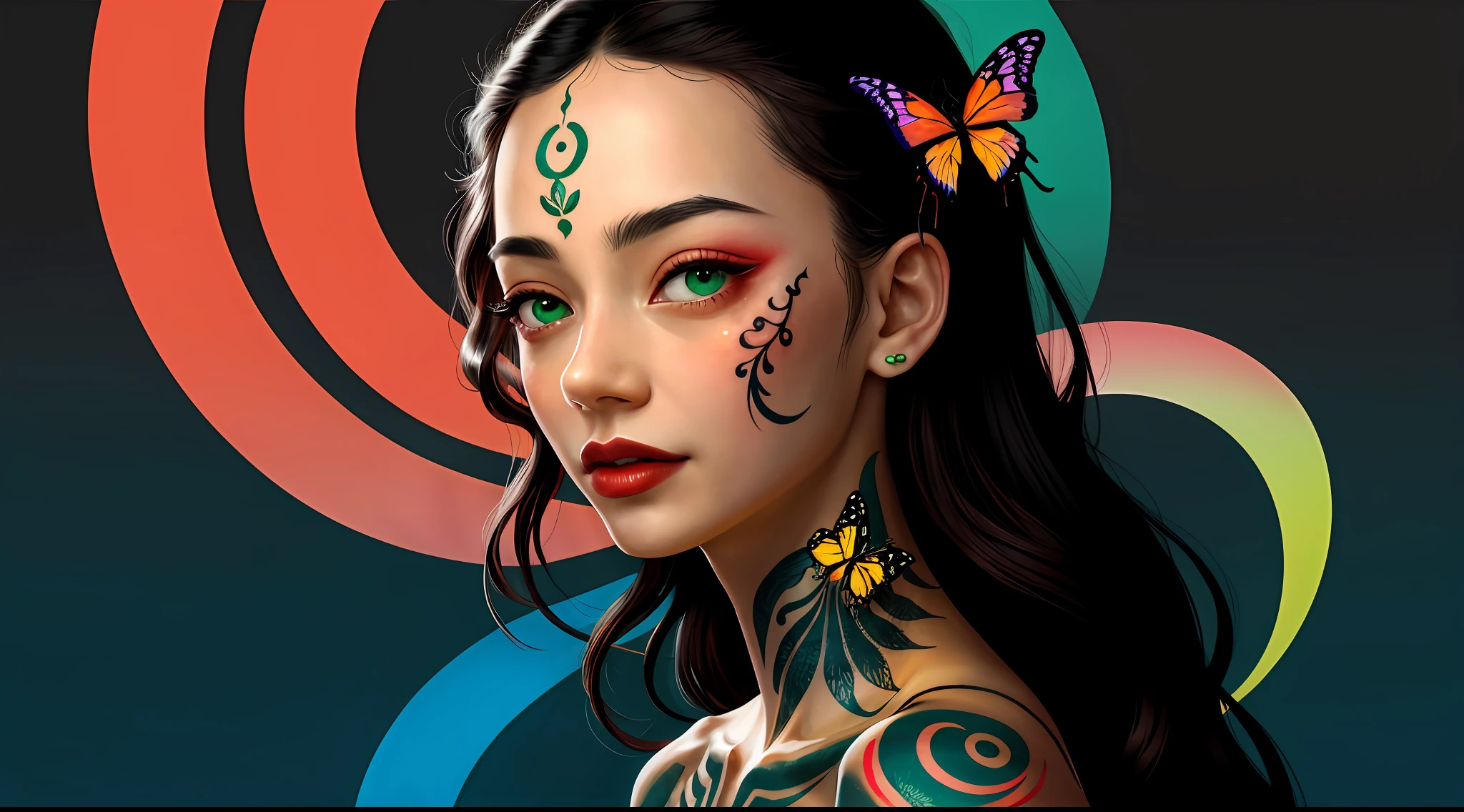 (Masterpiece: 1.2, high quality), (pixels: 1.4), (Song dynasty strokes: 1.4) (wide-angle lens, panorama: 1.2), (panoramic lens: 0.95), (panoramic lens, macro lens: 1.25), dynamic angle, perspective, high point, masterpiece, best quality, 8k, crazy detail, intricate details, super detail, super high quality, early spring willow leaves, often with rain and hatred clouds, extremely beautiful vampire, sideways, face like peach blossom March, implied amorous moon. The slender waist is curled, the restrained swallow lazy warbler is lazy, the sandalwood mouth is light, and the butterfly chaos that tempts the bees crazy. Enchanting jade words, beautiful jade fragrance, tense shots (the sky glows red, visual impact, giving the poster a dynamic and visually striking appearance: 1.2), close-up, (analog lens, macro lens: 1.25), colorful colored transparent smooth stones: 1.5, ultra-realistic and complex, body makeover, glowing tattoos, surreal tattoos, highly realistic and complex, tattoo art, detailed neon tattoos