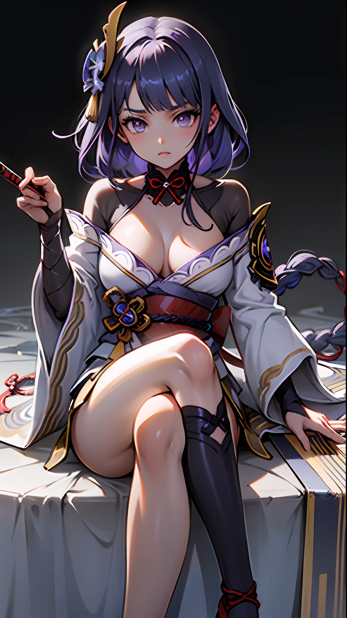 Best Quality, Masterpiece: 1.raiden shogun genshin impact crossed legs serious look, chaos scene holding a sword