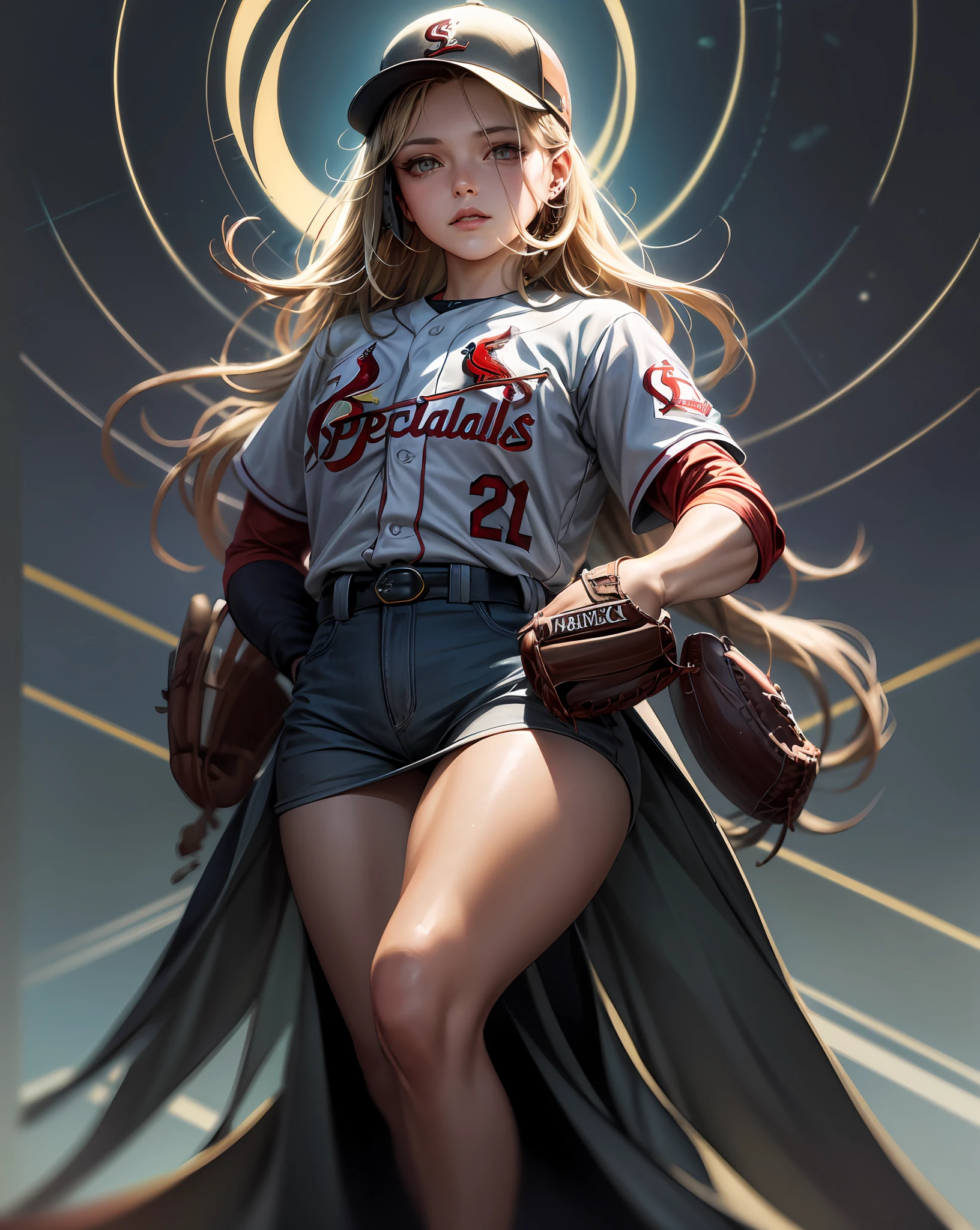 full body potrait of a photorealistic beautiful woman, (spectating a baseball game:1.5), hands in pockets:1.25, staring at camera in front, intense coloration fantasy, light hair, a stunning realistic photograph 20 years , random colored hair, (St Louis Cardinals fan fashion:1.3), random color eyes, full body, cover, hyperdetailed painting, luminism, octane render, Bar lighting, complex, 8k resolution concept art portrait by Martina Fačková and Prywinko Art, Artgerm, WLOP, Alphonse Mucha, Tony Taka, fractal isometrics details bioluminescence, hypereallistic cover photo awesome full color, hand drawn, bright, gritty, realistic, davinci, erte .12k, intricate. hit definition , cinematic,Rough sketch, mix of bold dark lines and loose lines, bold lines, on paper , real life human