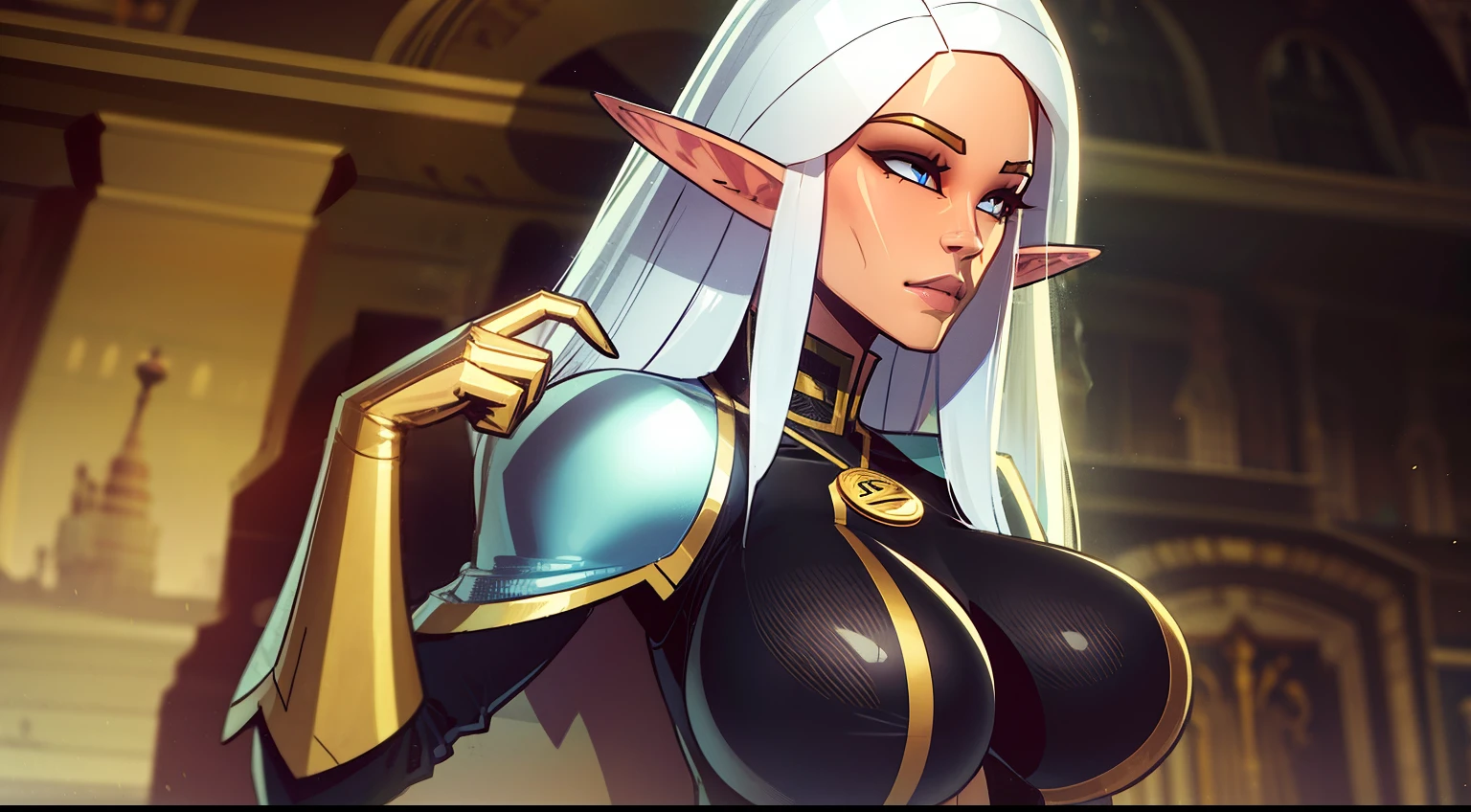 Elf woman, busty, short white hair, magician
