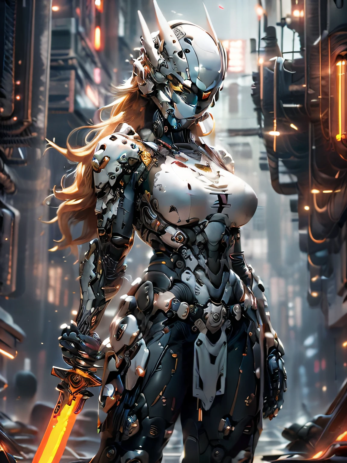 ((ultra detailed CG, 8k)), 1woman half homana and half machine, big breasts, green hair, yellow eyes, holding a sword, in the futuristic setting, with a sovereign look at the audience, (cyberpunk style lighting), (fine details), (hyper detailed).