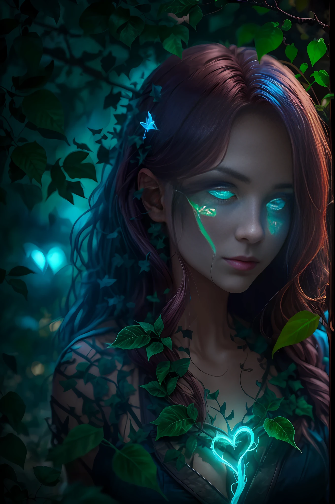 Poison Ivy and from DC covered with tree branches, bright blue white glowing heart visible from humans, nighttime, colorful, photography hyper-detailed cinematic hdr lighting, softbox lighting, extreme detail