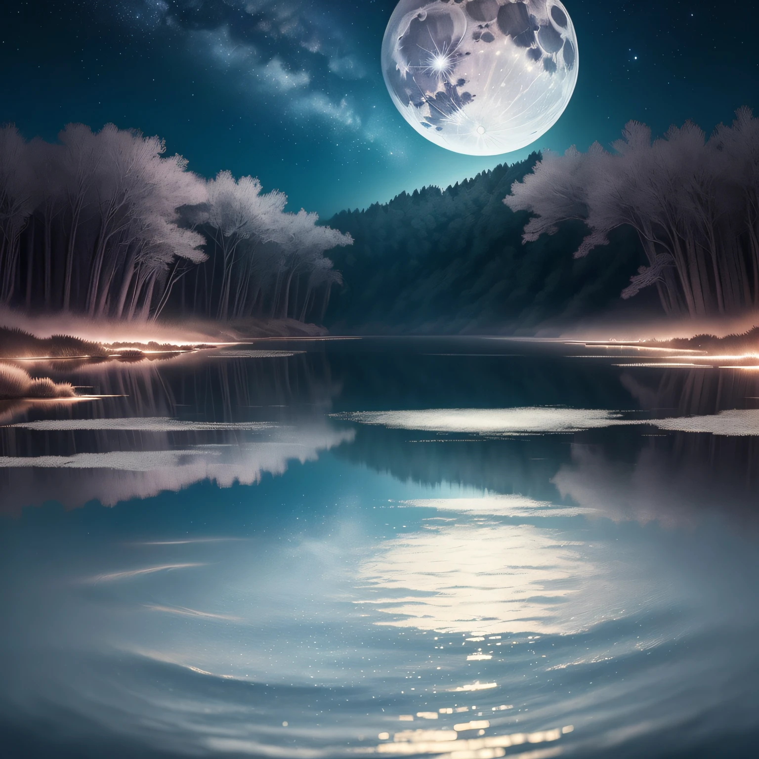 Dark landscape, full moon set, trees with fog, brown jaguar, black panther, perfect picture, artwork, 4k --auto