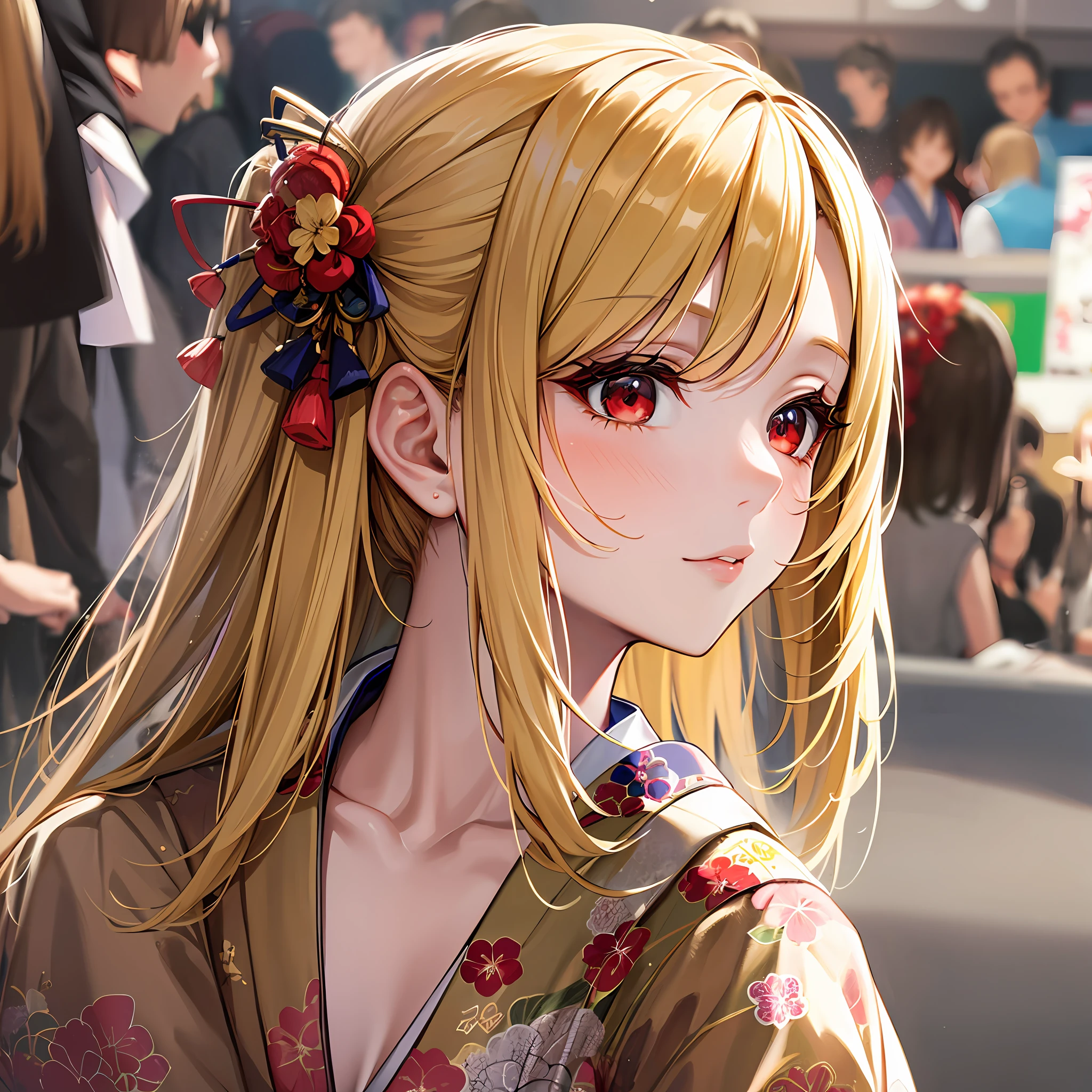 1 blonde girl, red eyes, solo, Japan festival