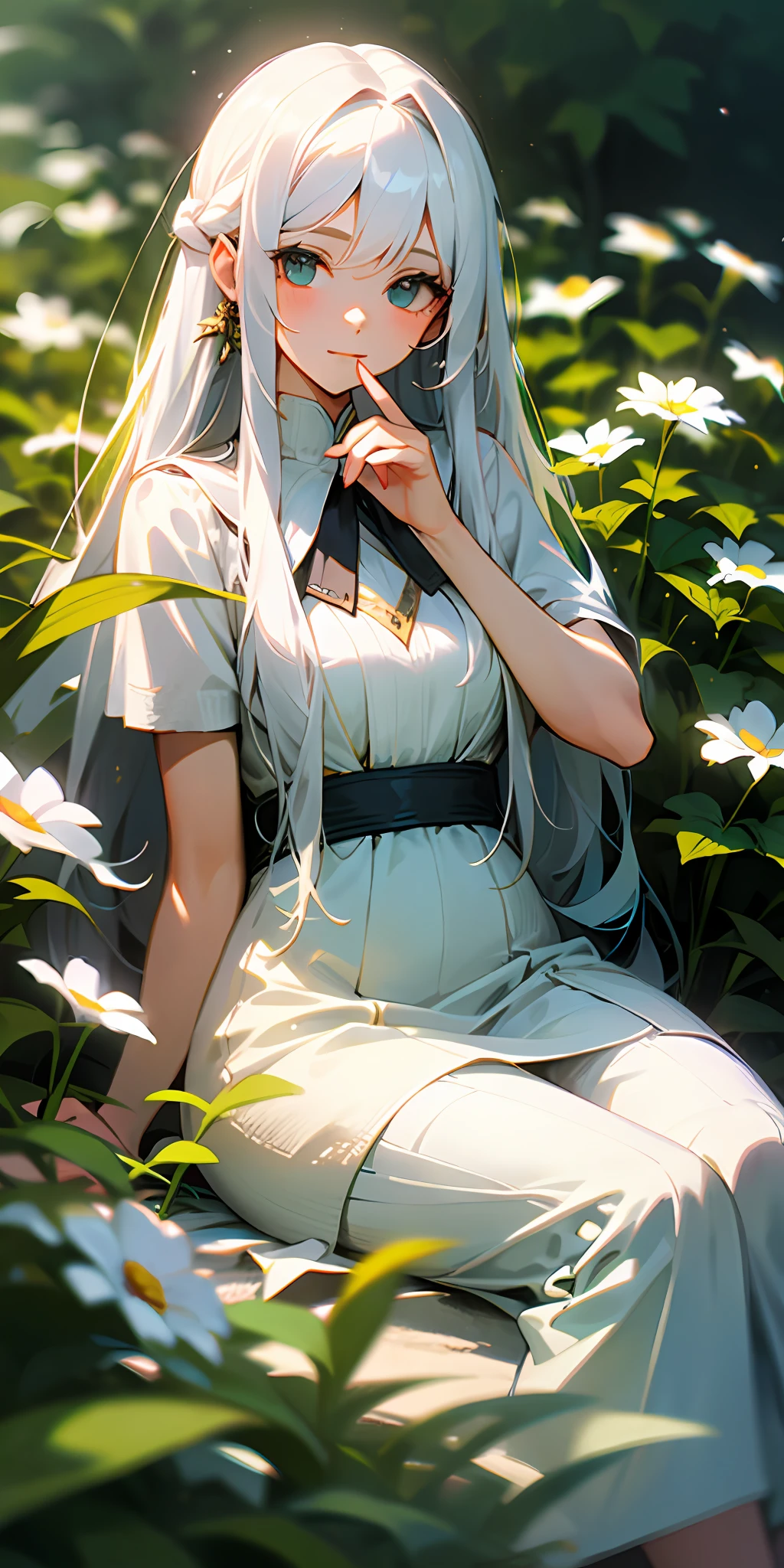 (masterpiece, best quality),1girl with long white hair sitting in a field of green plants and flowers, her hand under her chin, warm lighting, white dress, blurry foreground