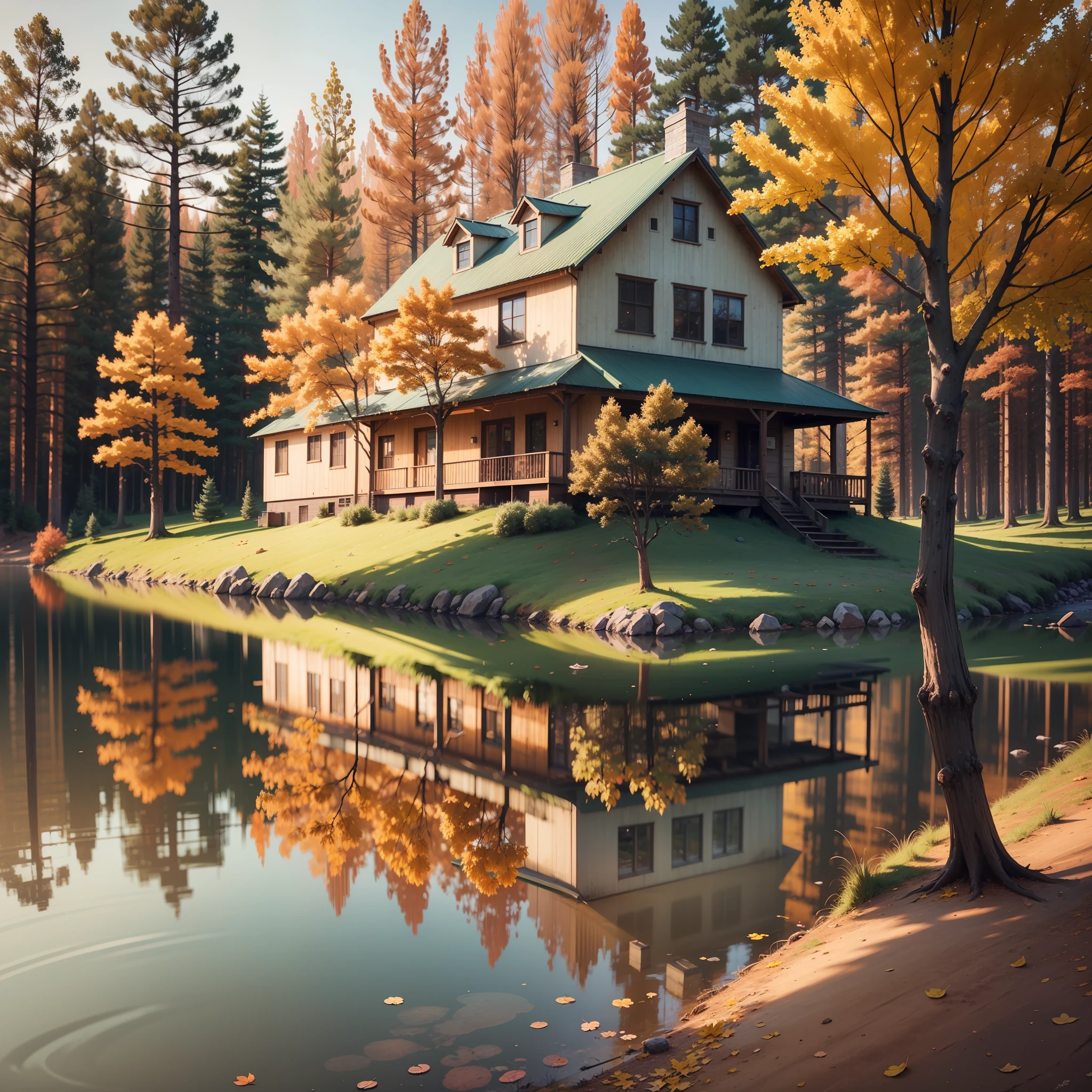 House on the lake in autumn (4k masterpiece) --auto