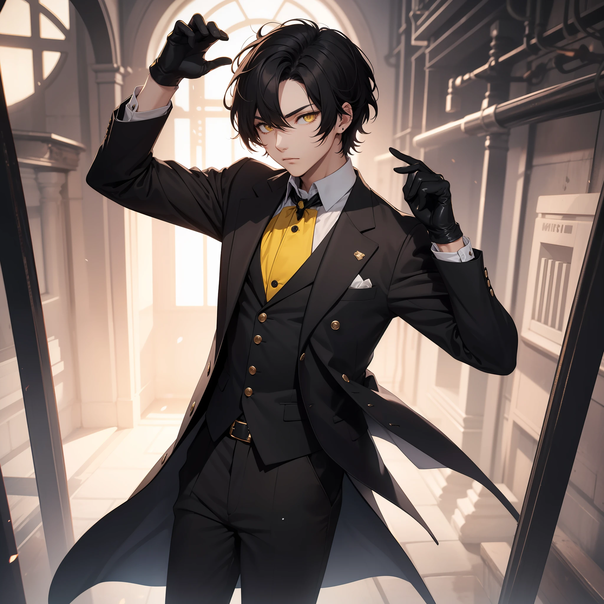 solo male, black hair, short hair, yellow eyes, white shirt, black vest, black pants, black gloves, black coat, Victorian setting