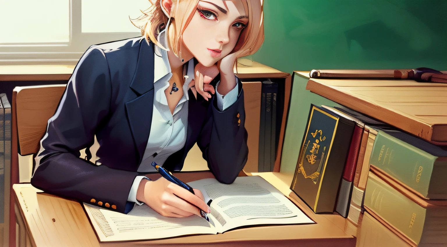 anime character sitting at desk with book and pen in hand, rpg book portrait, sat at her desk, roleplaying, oc commission, digital anime illustration, wizard sits reading at a desk, detailed fanart, background artwork, stylised comic art, 2 d illustration, 2d illustration, librarian, detailed 2d illustration, background art, roleplaying game art, detailed character portrait