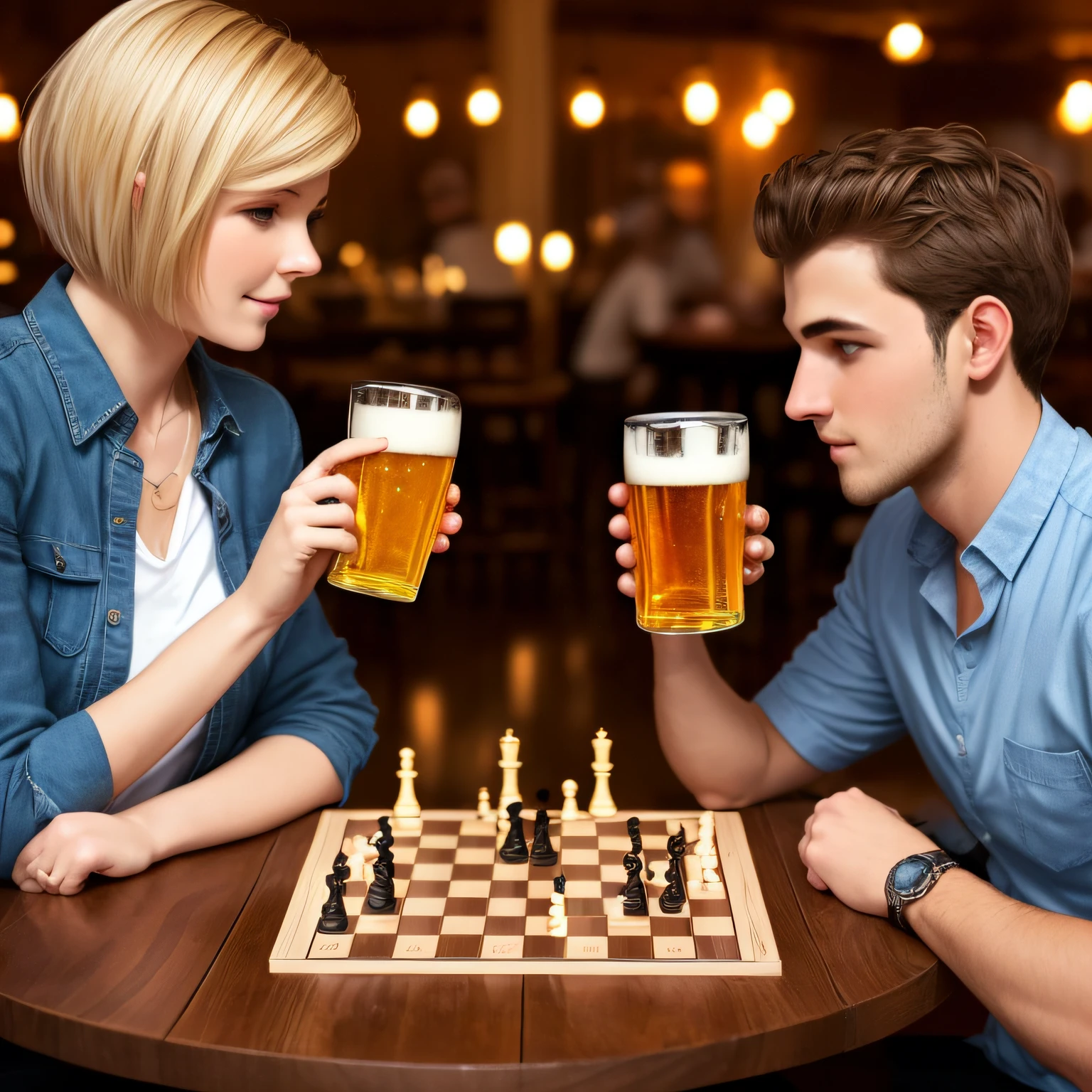 Blonde woman with short hair and blue eyes sitting playing chess and drinking beer with a brown-haired and elegant brown male player with beer glass in hand. --auto