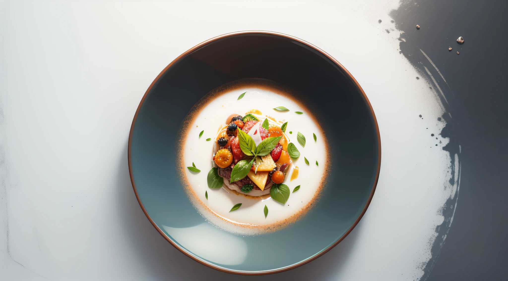 top view of a sutil and sublime five star restaurant dish, white background, hyperrealistic, --s 1000 --chaos 50