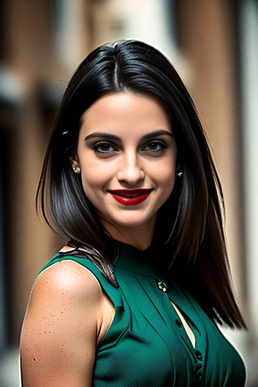 beautiful brunette woman with straight black hair, in a beautiful green dress, detailed brown eyes, beautiful smile, red lipstick, (finely detailed skin), realistic skin texture, extreme skin details, standing strolling in a beautiful city, best quality masterpiece, photorealistic, hyperrealistic, detailed, 8k, HDR, (soft color: 1.2), shallow depth of field, wide light, high contrast, backlighting, sharp focus, RAW color photo