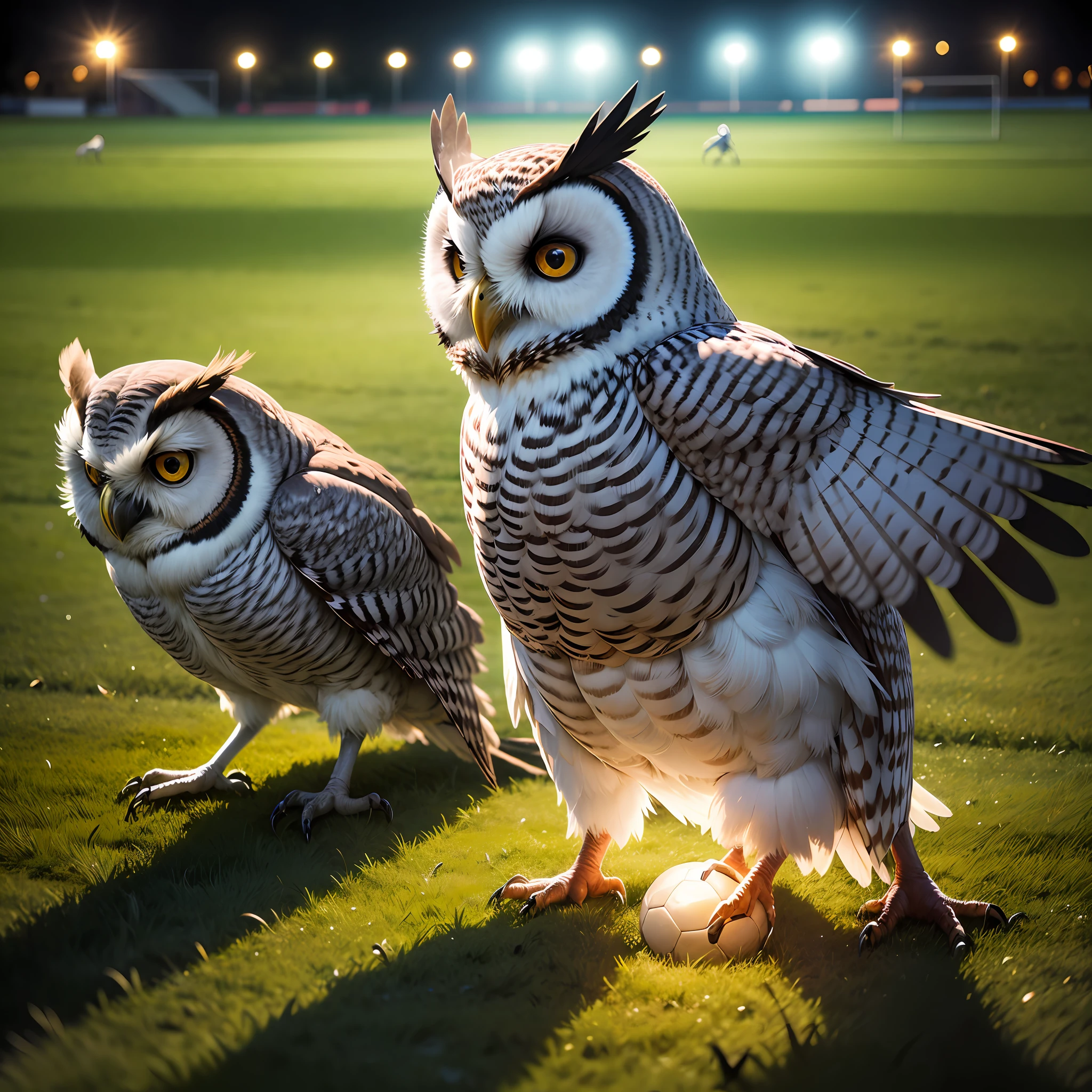 Image model of owls landing on a soccer field at night, with spotlights illuminating the lawn and the owls with their wings spread, adding a mystical and mysterious touch to the scene. --auto