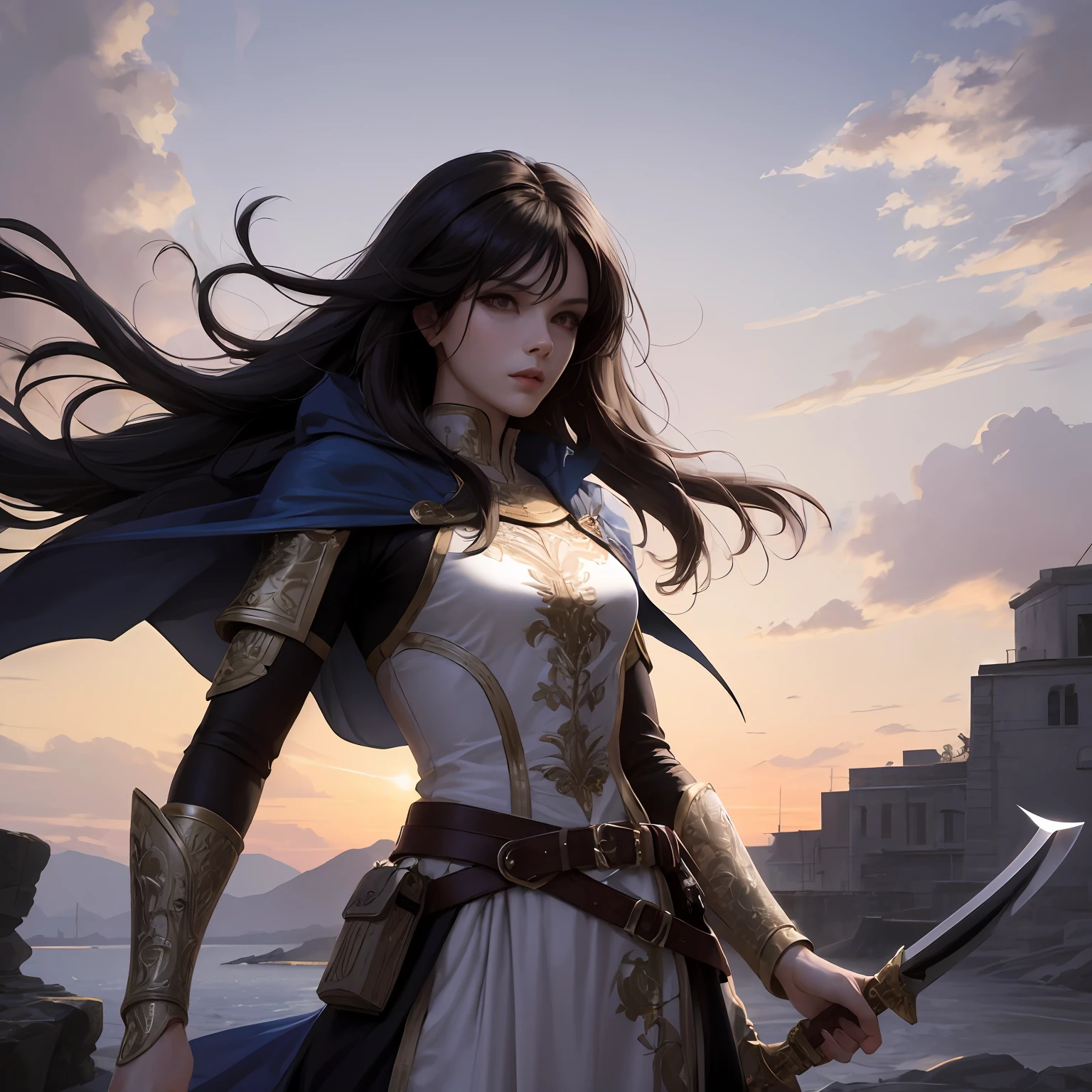 human woman barbarian medium height athletic long black hair eyes deep blue tough flexible leather armor with silver trimming dark cape that wraps around her body longsword with a gleaming blade inlaid with divine symbols small pouch attached to belt in sketch style --auto