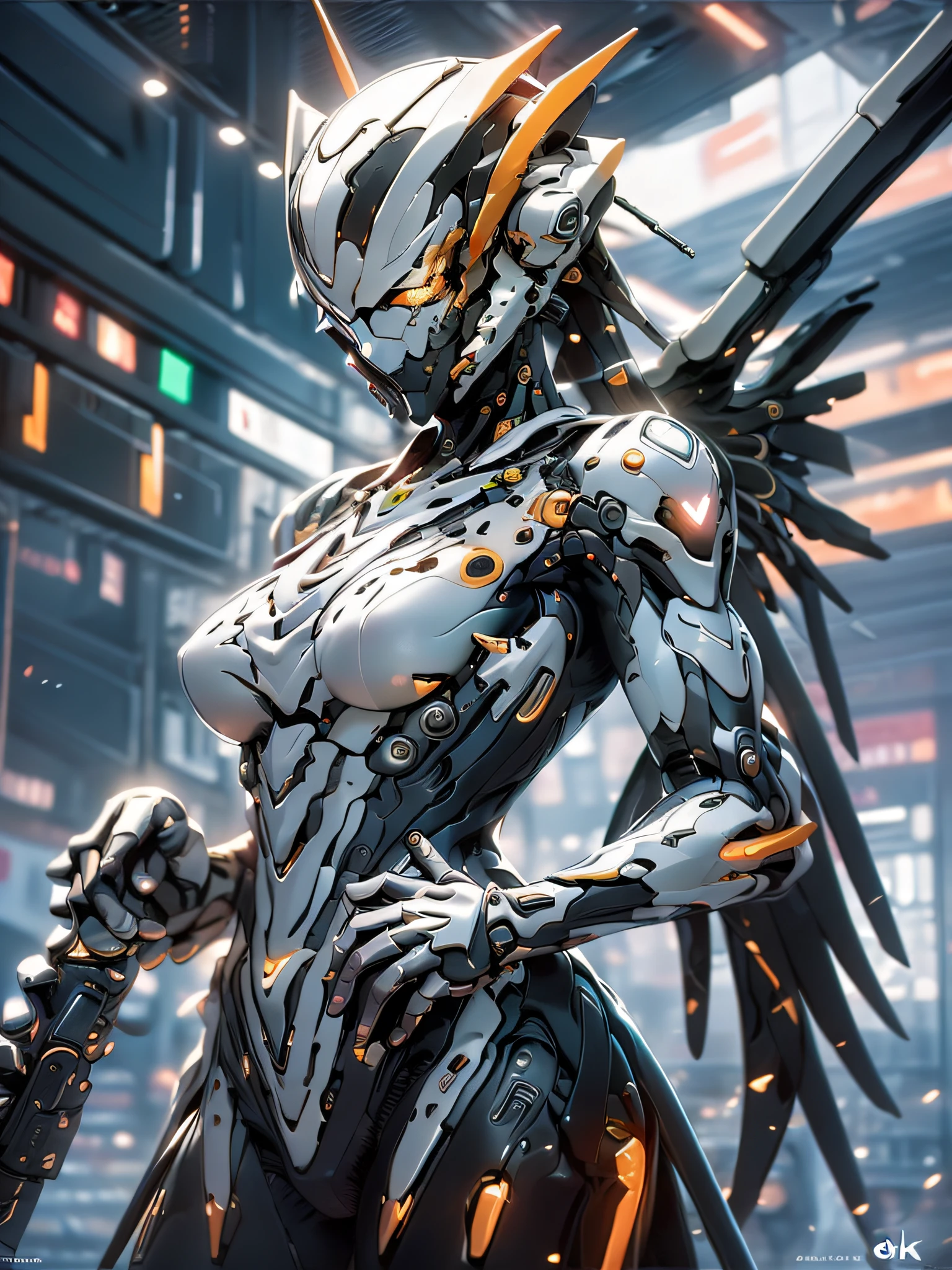 ((ultra detailed CG, 8k)), 1woman, green hair, yellow eyes, (perfect body), with cybernetic wings, in the futuristic setting, with a sovereign look at the audience, (cyberpunk style lighting), (fine details), (hyper detailed).
