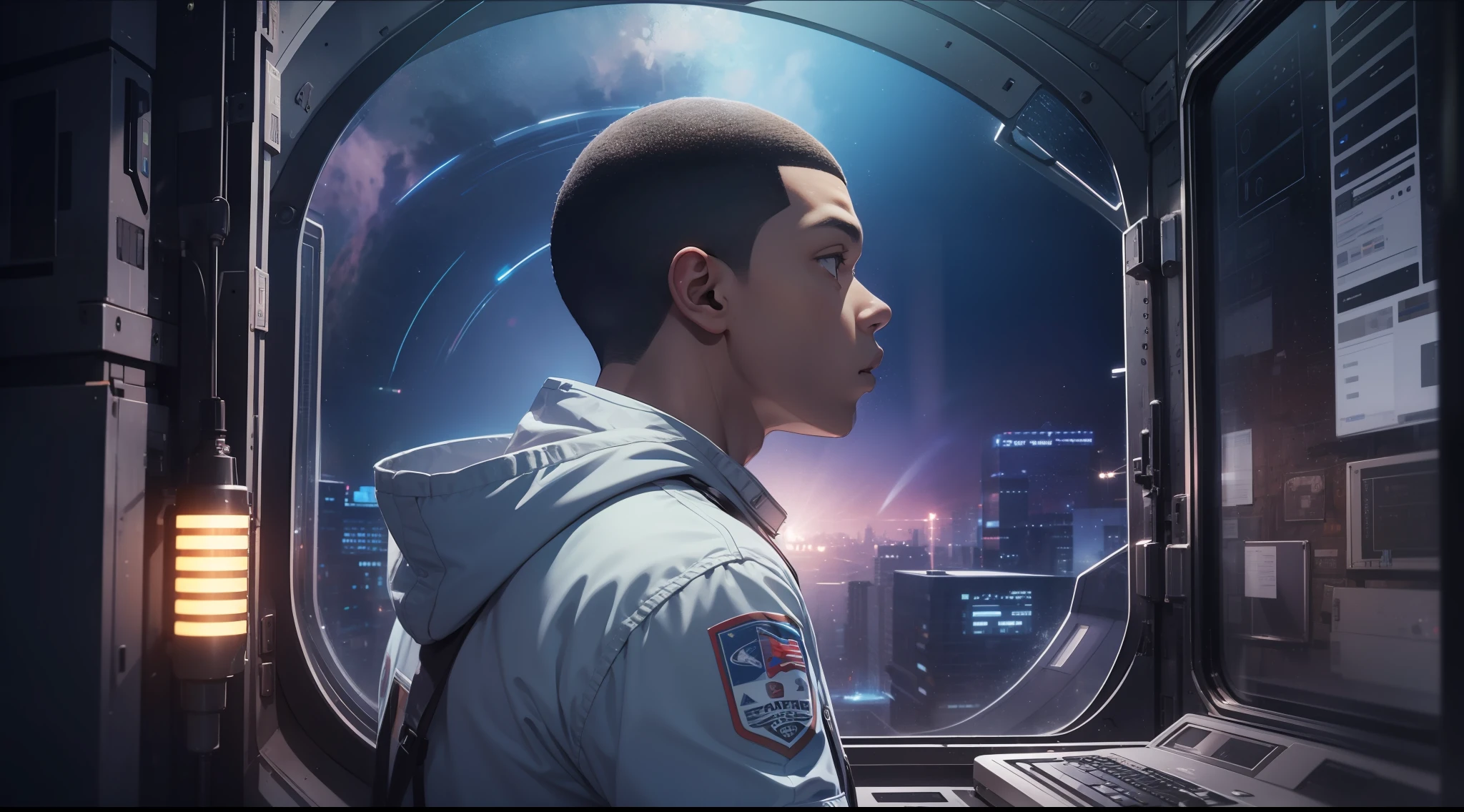 mbappe boy, extremely detailed, (grainy: 0.5), melancholy, window, space station, multicolored lights, messy hair blue, dark, hands crossed, extremely detailed high quality clothes, full body clothes, lights on clothing, expressionless, 4k, 8k uhd