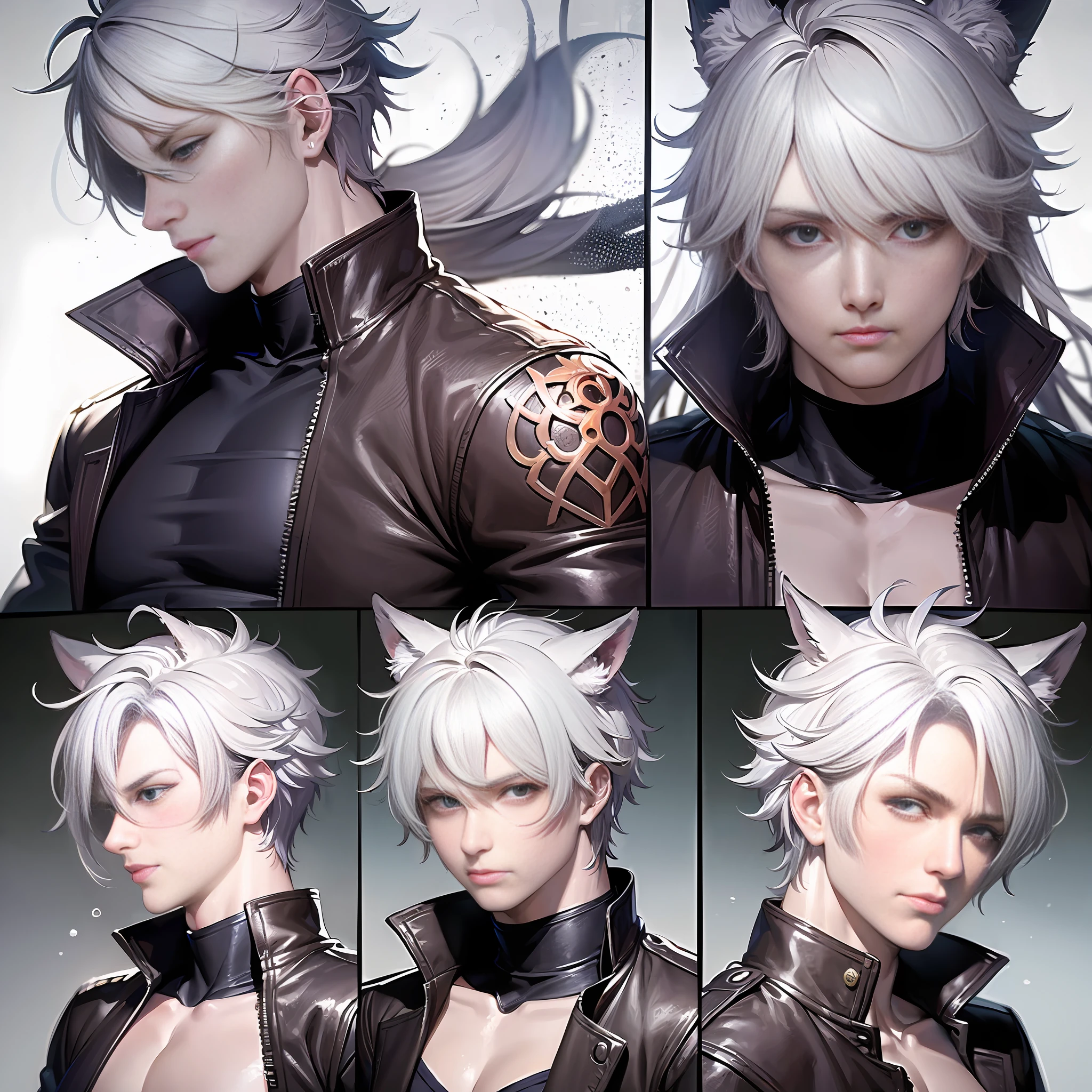 White haired male perssonage with wolf ears, red eyes, wolfboy, beautiful man of athletic bearing, defined muscles, warrior vetiments, webtoon anime style, (multiple images of the same perssonage with different expressions (sadness, joy, pity, animated))