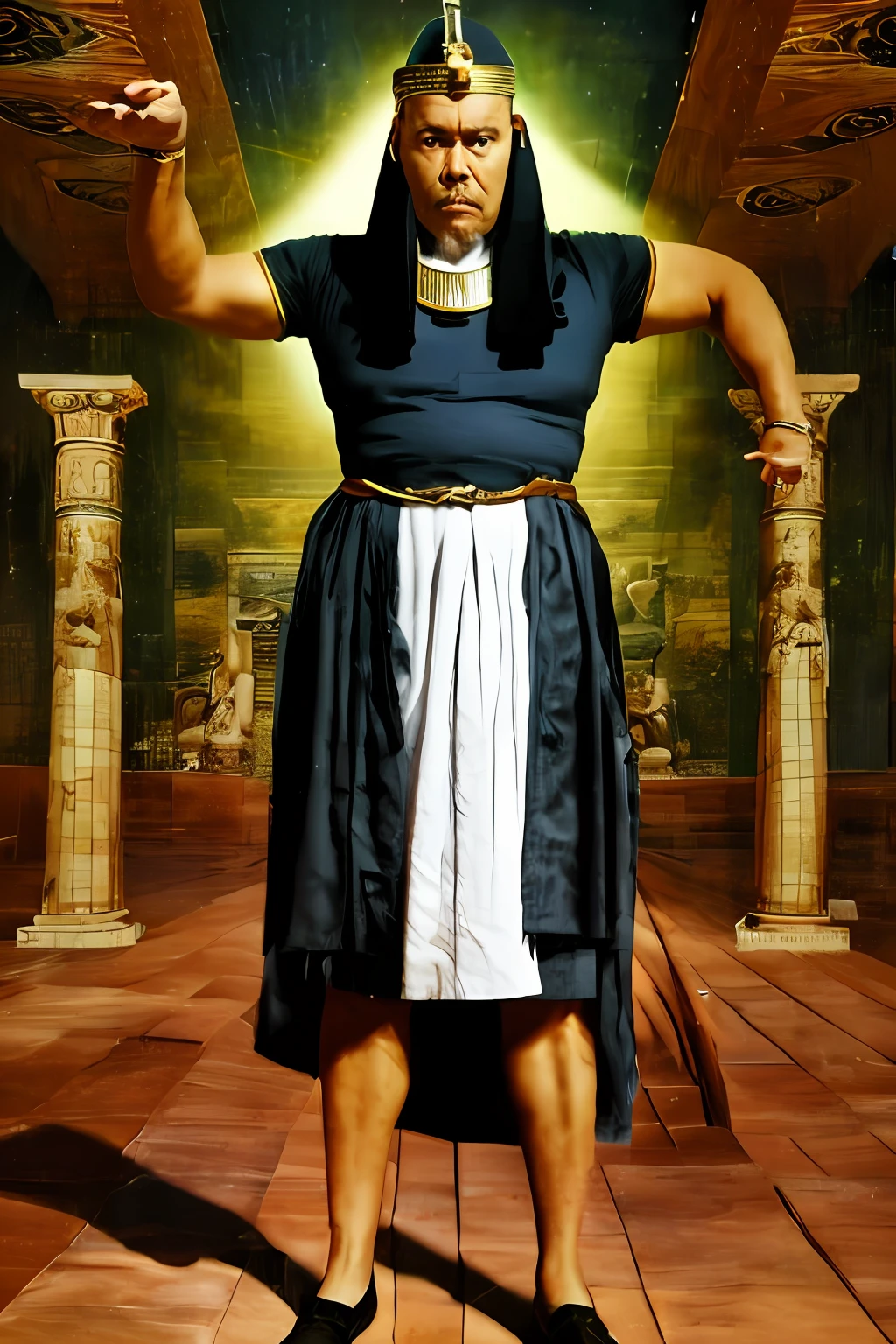 guttonerdvision5, full body of a 45-year-old man, detailed, skin, pores, ((sharp and detailed face)), (((detailed hands and arms))), wearing Egyptian king clothing, in an Egyptian hall setting, sunlight streaming through the ceiling, dust in the air, intricate details, with great depth of field. The scene is realistic and the lighting is cinematic, uhd, photo award-winning