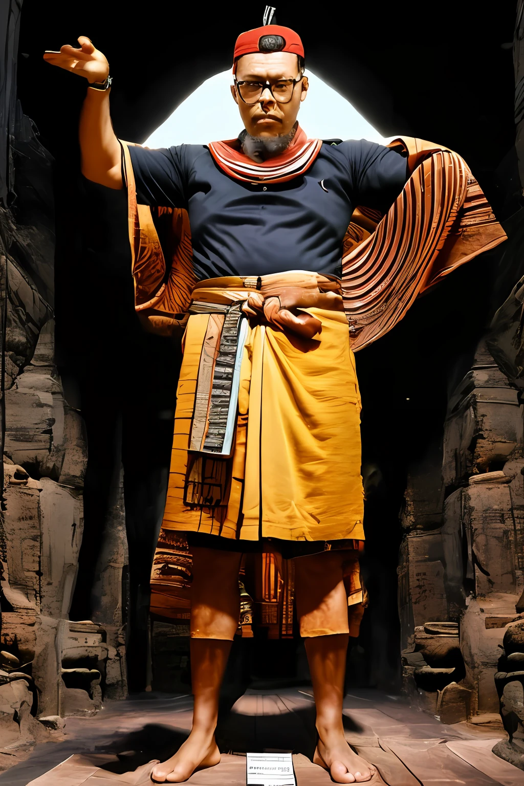 guttonerdvision5, full body of a 45-year-old man, detailed, skin, pores, ((sharp and detailed face)), (((detailed hands and arms))), wearing Egyptian king clothing, in an Egyptian hall setting, sunlight streaming through the ceiling, dust in the air, intricate details, with great depth of field. The scene is realistic and the lighting is cinematic, uhd, photo award-winning