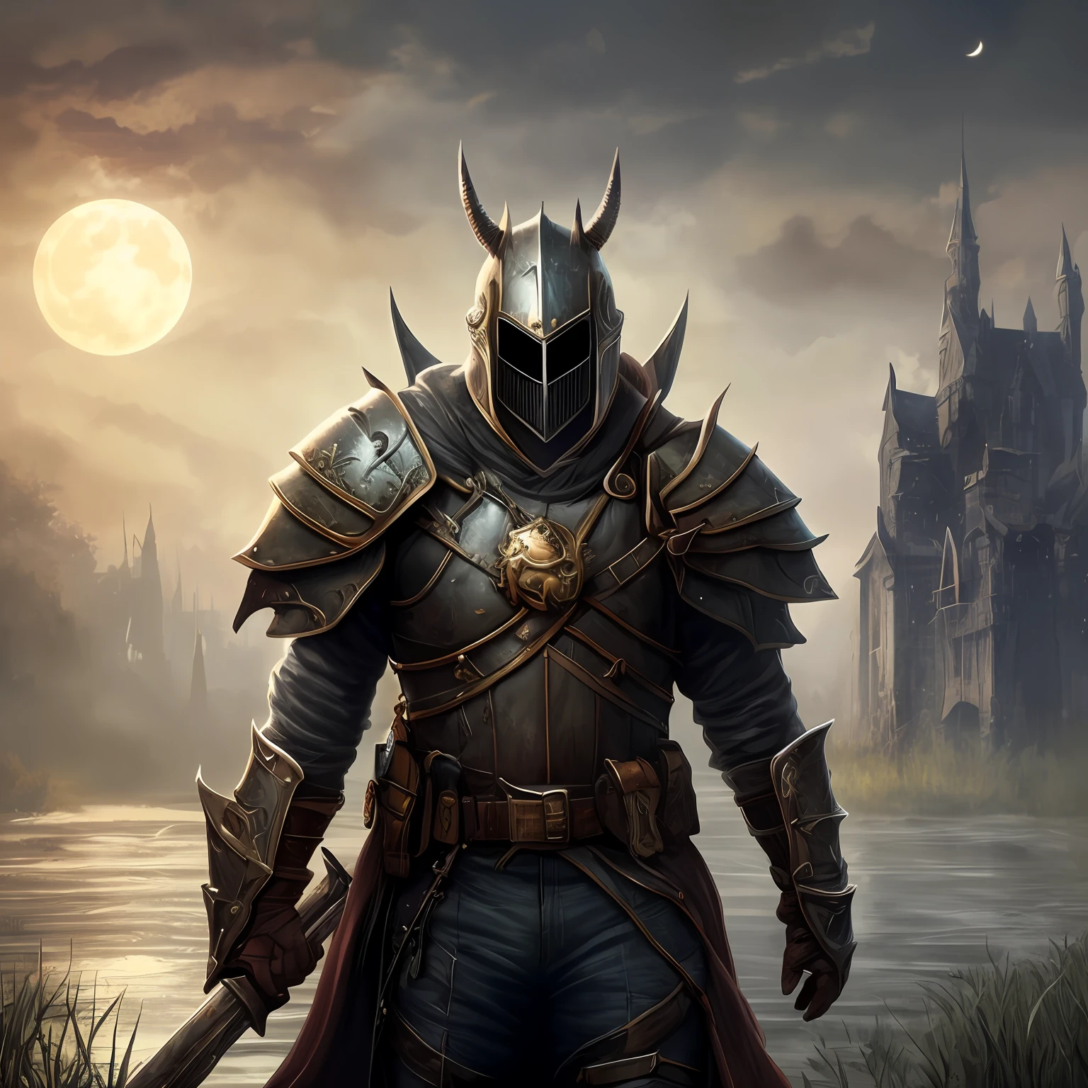 knight walks through (swamp: 1.3), (black gothic armor: 1.2) with thorns, horns, a large sword on the back, gothic decorations black gothic castle in the background, full red moon in the sky , dark night, spores, bones, blood, skulls, rain, style born in blood, (dark photo: 1.17), realistic epic, faded, ((neutral colors)), art, (hdr: 1.5), (soft colors: 1.2) , hyperdetailed, (artstation:1.5), cinematic, warm lights, dramatic light, (intricate details:1.1), complex background, (rutkowski:0.8), (blue and orange:0.4), focus on armor
