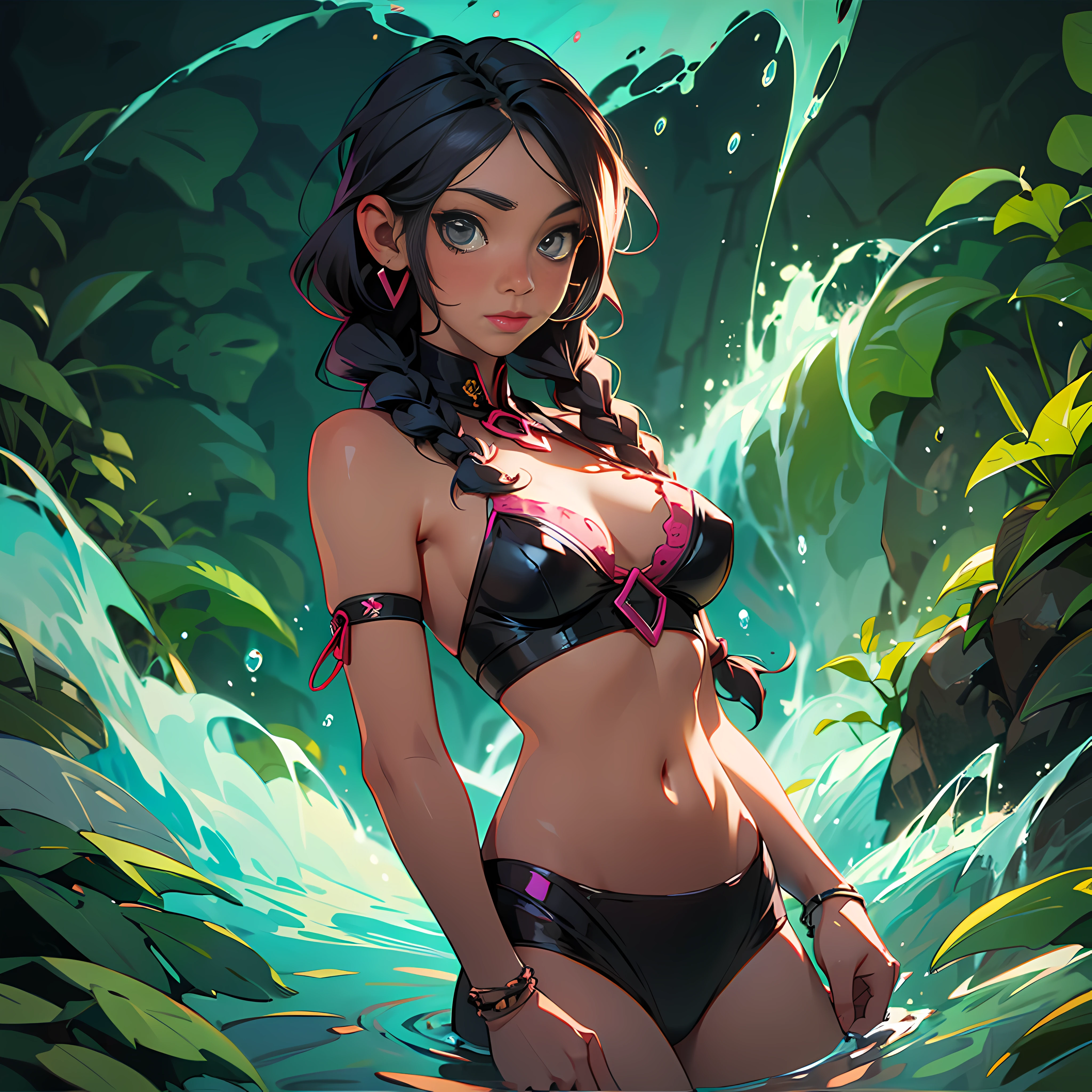 (masterpiece, best quality), 1girl, Kidagakash, braid,black skin,dark underground and waterfall as background