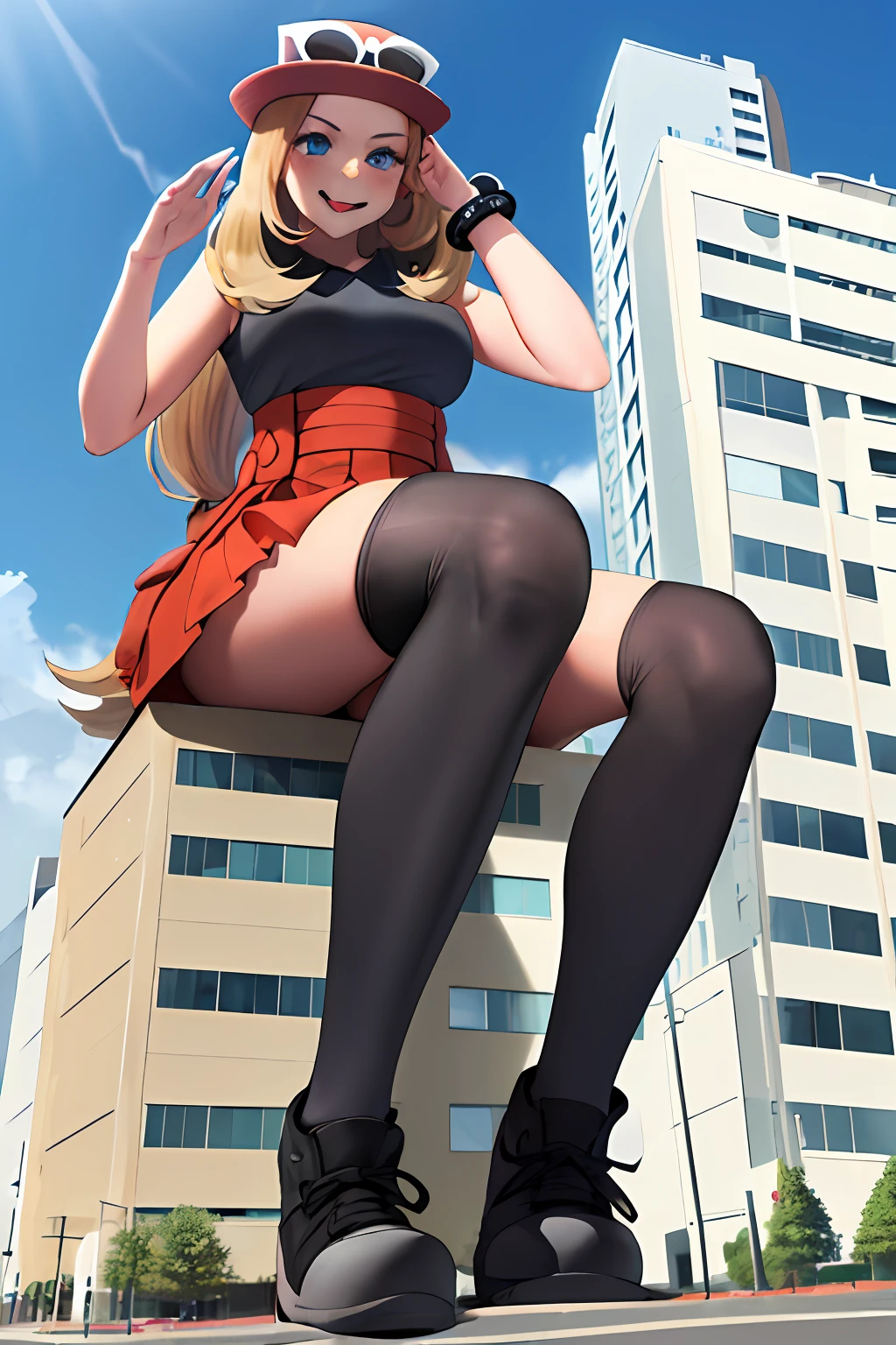 masterpiece, best quality, highres, blue eyes, serena \(pokemon\), 1girl, solo, thighhighs, long hair, hat, jewelry, bracelet, (black thighhighs:1.2), collared shirt, pleated skirt, red skirt, sleeveless, high-waist skirt, sleeveless shirt, eyelashes, pink headwear, black shirt, eyewear on headwear, (full body:1.5), giantess, smile, (from below:2), (thick thighs:1.4), looking down at viewer, upskirt, character_pokemon_serena, gts, (large breasts:1.4), field, (looming:1.3), mature female, high quality, hd quality, masterpiece, photorealistic, stepping, shoe soles, close-up foot, intense angle, :), (Sitting on Building:1.6), very low angle, female pervert, toragao, licking lips, licking own lips, smile, (sitting:2), knee up, GTScity, giantess, city, buildings, perfect hand, black panties, tongue out,