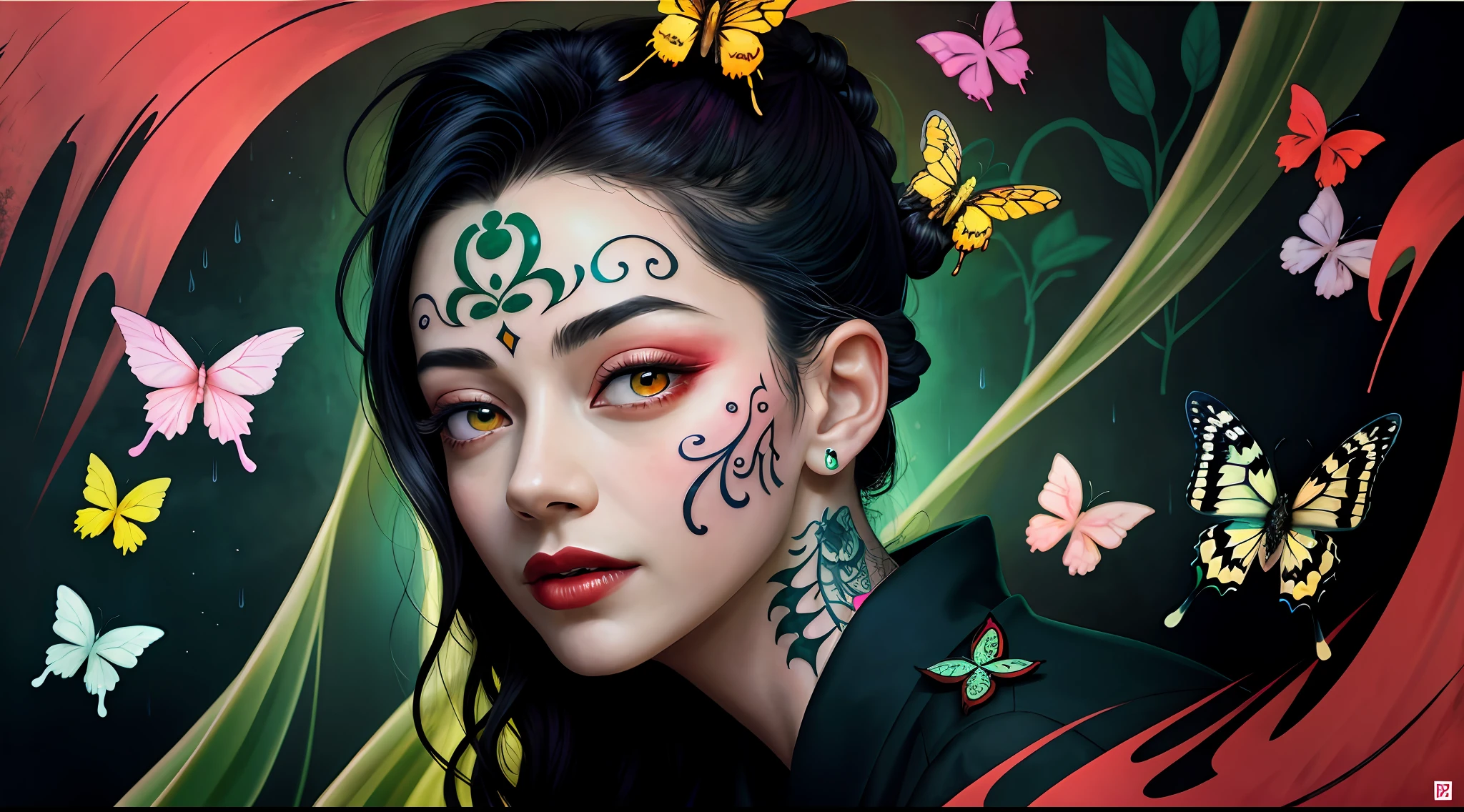 (Masterpiece: 1.2, high quality), (pixels: 1.4), (Song dynasty strokes: 1.4) (wide-angle lens, panorama: 1.2), (panoramic lens: 0.95), (panoramic lens, macro lens: 1.25), dynamic angle, perspective, high point, masterpiece, best quality, 8k, crazy detail, intricate details, super detail, super high quality, early spring willow leaves, often with rain and hatred clouds, extremely beautiful vampire, sideways, face like peach blossom March, implied amorous moon. The slender waist is curled, the restrained swallow lazy warbler is lazy, the sandalwood mouth is light, and the butterfly chaos that tempts the bees crazy. Enchanting jade words, beautiful jade fragrance, tense shots (the sky glows red, visual impact, giving the poster a dynamic and visually striking appearance: 1.2), close-up, (analog lens, macro lens: 1.25), colorful colored transparent smooth stones: 1.5, ultra-realistic and complex, body makeover, glowing tattoos, surreal tattoos, highly realistic and complex, tattoo art, detailed neon tattoos
