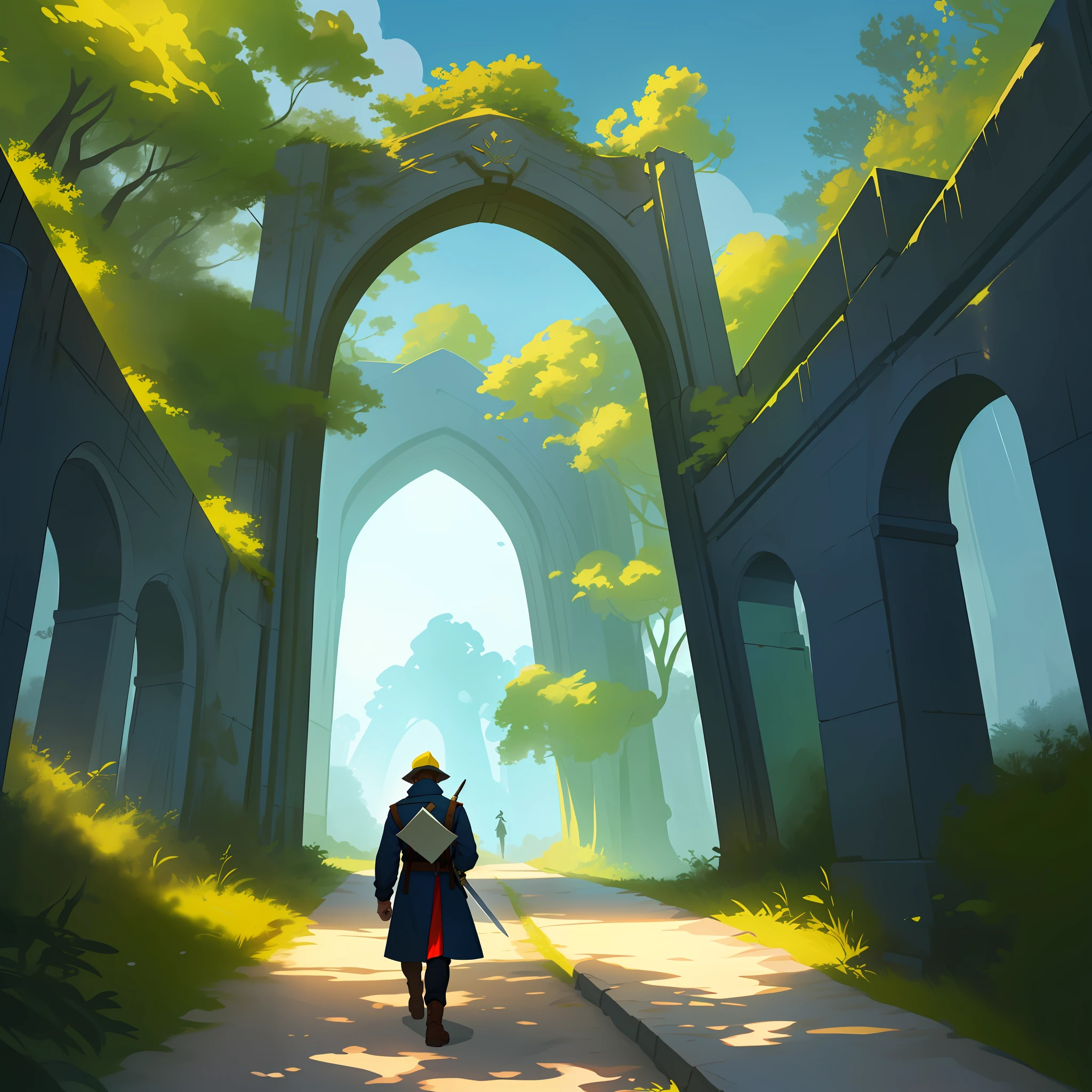 a man walking along a trail reading a book whose pages shine, carrying a sword, dressed as an angelic soldier and at the end of the trail a beautiful portal.