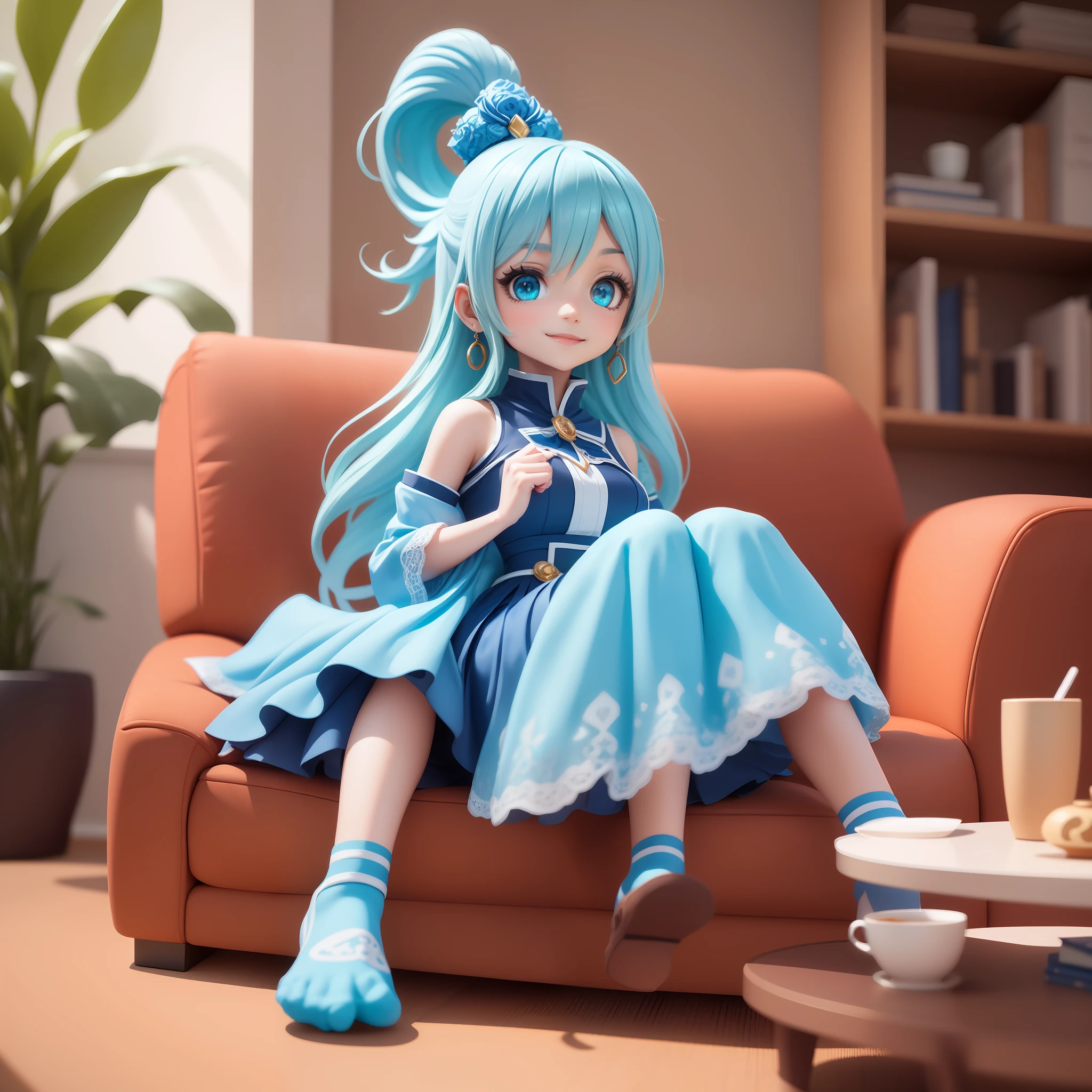 (work-before),(best quality),(Ultra-detailed), (full body: 1.2), 1girl(aqua_Konosuba), chibi,cute, smile, light blue long haircut, blue eyes, earring, blue shirt, blue skirt, lace socks, (sitting on the red couch), seductive posture, smile, An elegant black coffee table sits in front of the sofa and some decorative items are placed on the shelves,  (beautiful and detailed face), (beautiful detailed eyes),