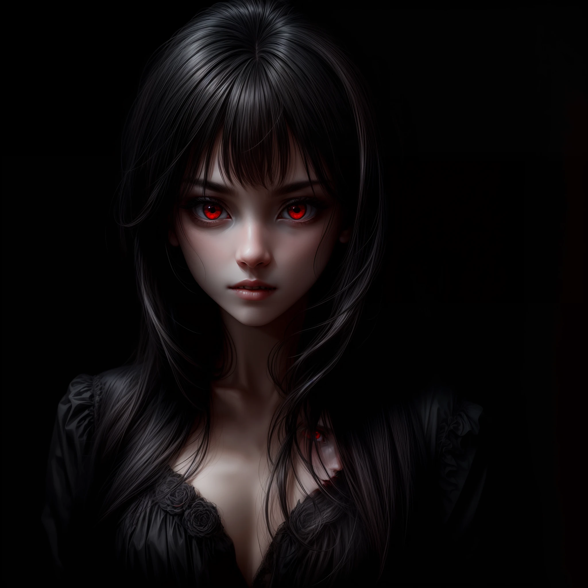 beautiful vampire, red eyes, black hair, young, white background, image from head to torso