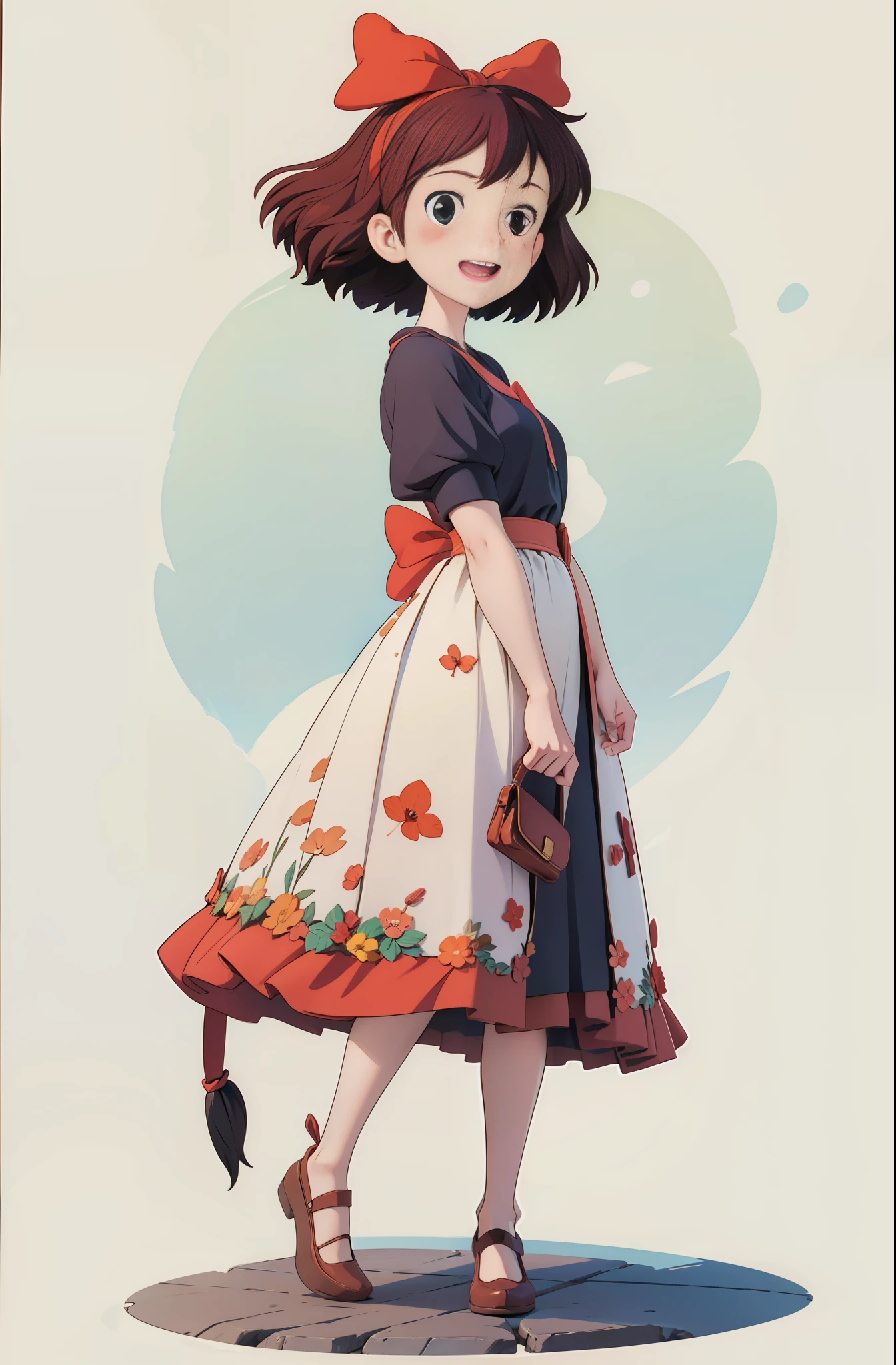 (masterpiece:1.2), (high quality:1.2), 1girl, full body adult Kiki, happy, big red hairtie, intricate detailed, white flat background, softfocus --auto