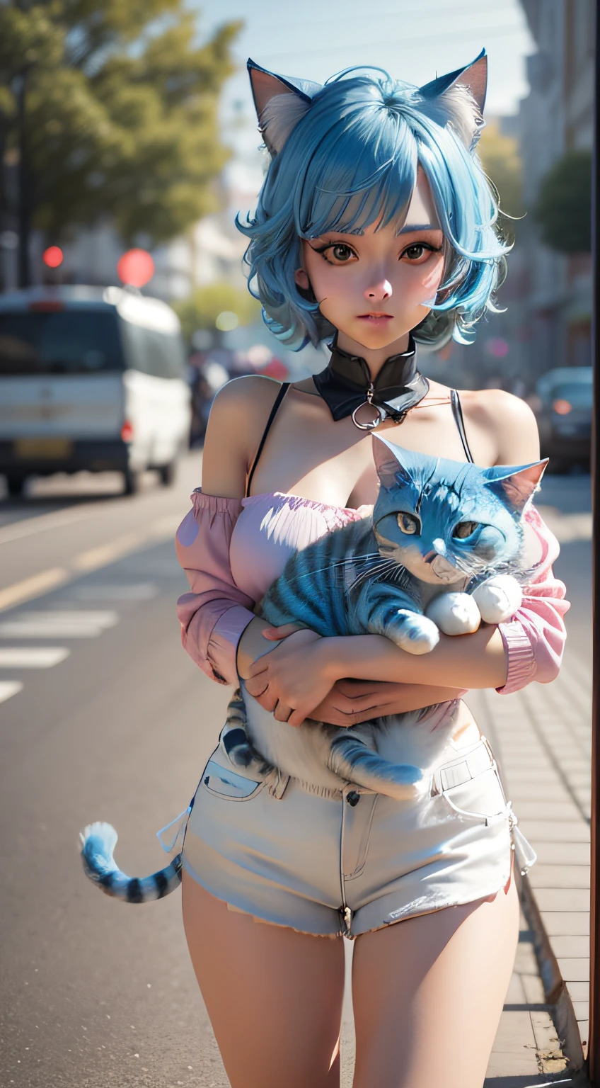 araffe with blue hair holding a blue cat in her arms, render of a cute 3d anime girl, realistic anime 3 d style, very beautiful cute catgirl, anime styled 3d, anime girl with cat ears, very beautiful anime cat girl, beautiful young catgirl, 3 d anime realistic, attractive cat girl, 3d anime girl, anime catgirl