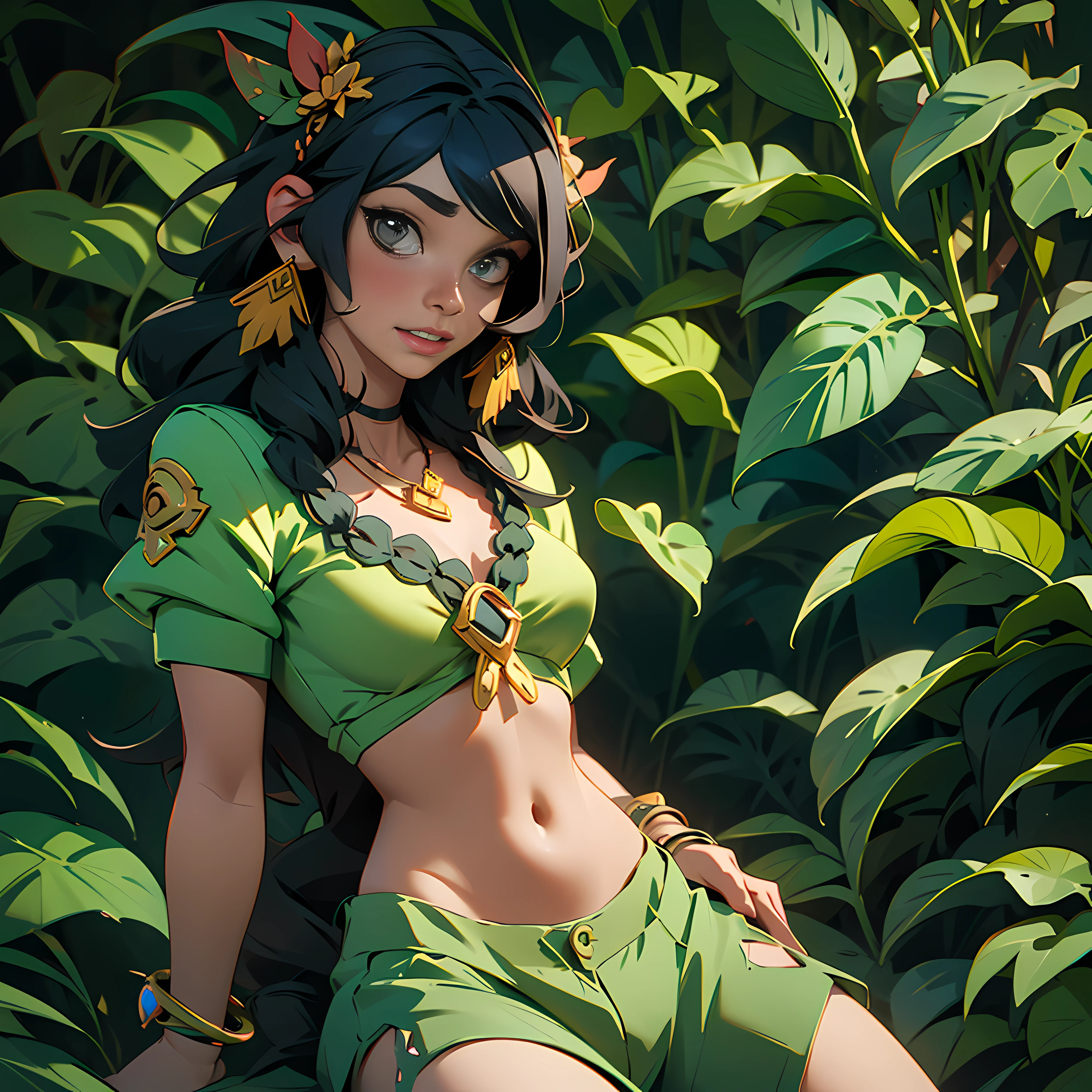 masterpiece,1girl, nidalee, basic_skin, solo, jungle, loincloth, teeth necklace