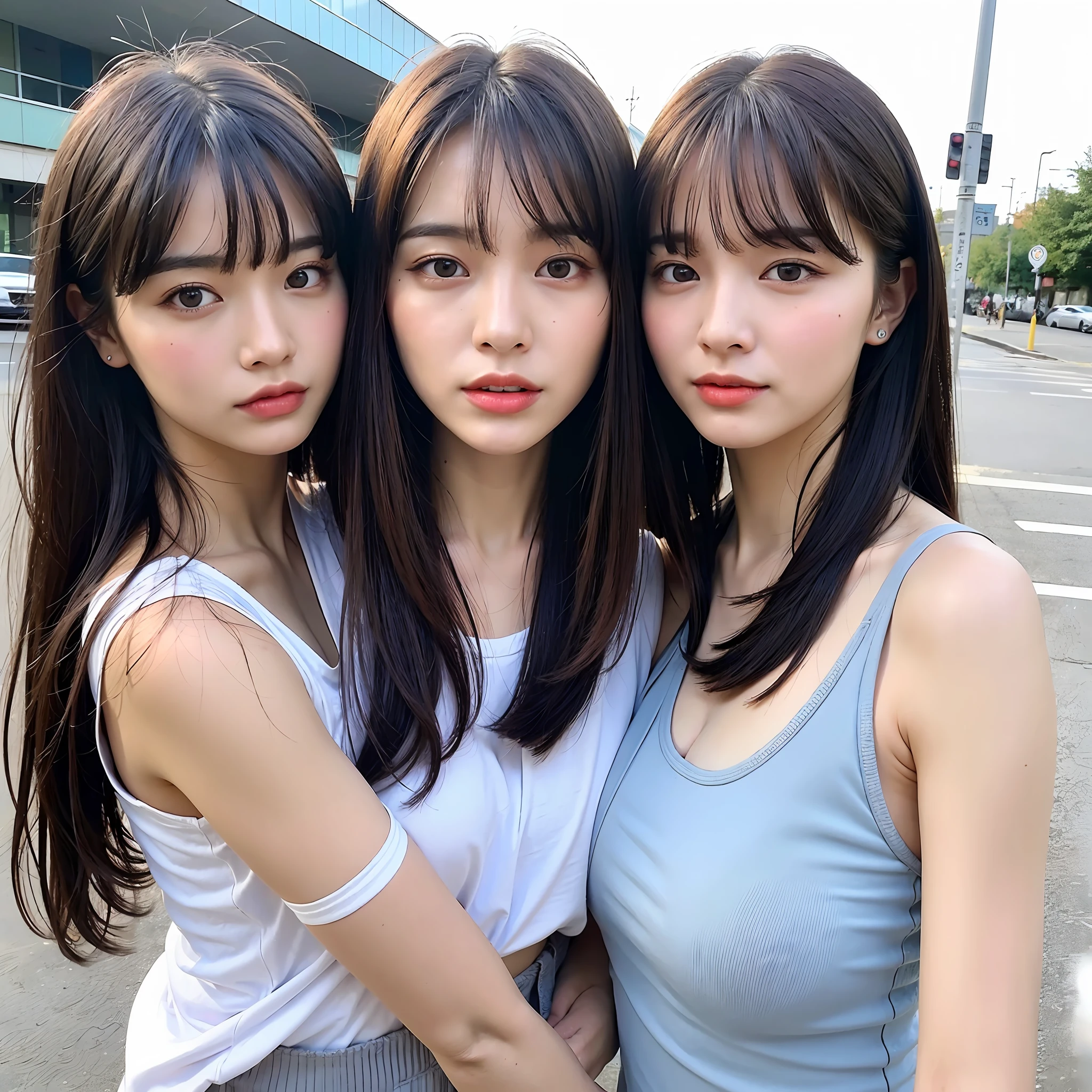 ((Top Quality, 8K, Masterpiece: 1.3)), Sharp: 1.2, Perfect Beauty Identical Twin Sisters: 1.4, Perfect Body Beauty: 1.4, Slim Abs: 1.2, (((Bangs)), ((Layered Hairstyle, Big: 1.2)), Dancer, (Rain, Street: 1.2), Wet: 1.5, Highly Detailed Face and Skin Texture, Detailed Eyes, Double Eyelids, Aspect Looking at Camera