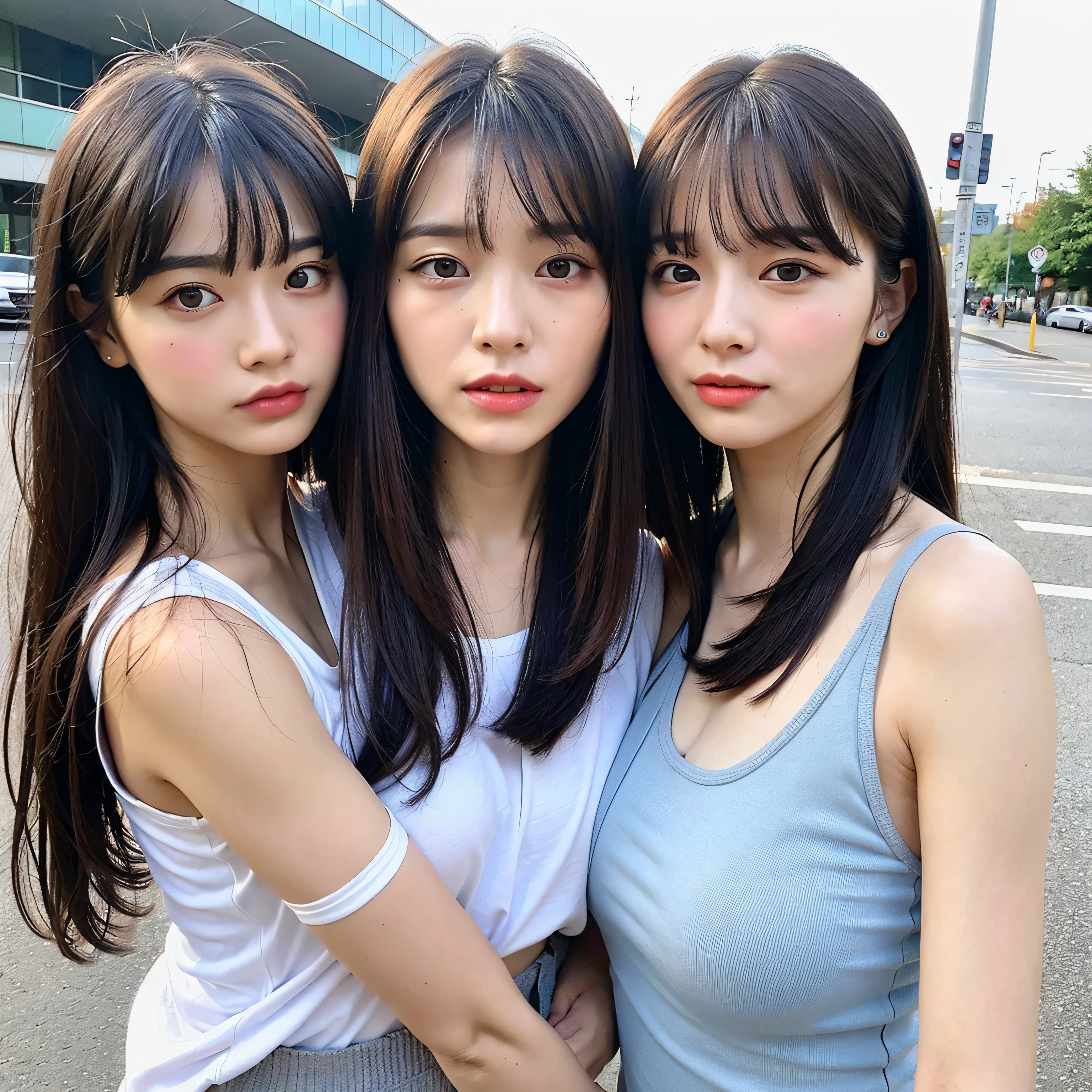 ((Top Quality, 8K, Masterpiece: 1.3)), Sharp: 1.2, Perfect Beauty Identical Twin Sisters: 1.4, Perfect Body Beauty: 1.4, Slim Abs: 1.2, (((Bangs)), ((Layered Hairstyle, Big: 1.2)), Dancer, (Rain, Street: 1.2), Wet: 1.5, Highly Detailed Face and Skin Texture, Detailed Eyes, Double Eyelids, Aspect Looking at Camera