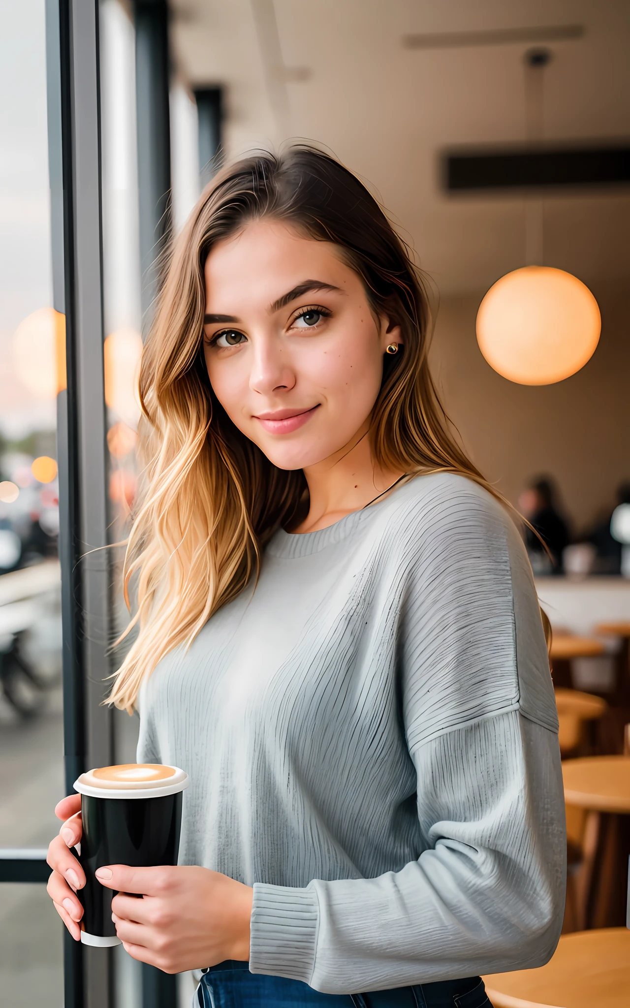beautiful blonde wearing love sweater(sipping coffee inside a modern café at sunset), very detailed, 21 years old, innocent face, natural wavy hair, blue eyes, high resolution, masterpiece, best quality, intricate details, highly detailed, sharp focus, detailed skin, realistic skin texture, texture, detailed eyes, professional, 4k, charming smile, shot on Canon, 85mm, shallow depth of field, kodak vision color, perfect fit body, extremely detailed, foto_\(ultra\), photorealistic, realistic, post-processing, maximum detail, roughness, real life, ultra realistic, photorealism, photography, 8k uhd, photography