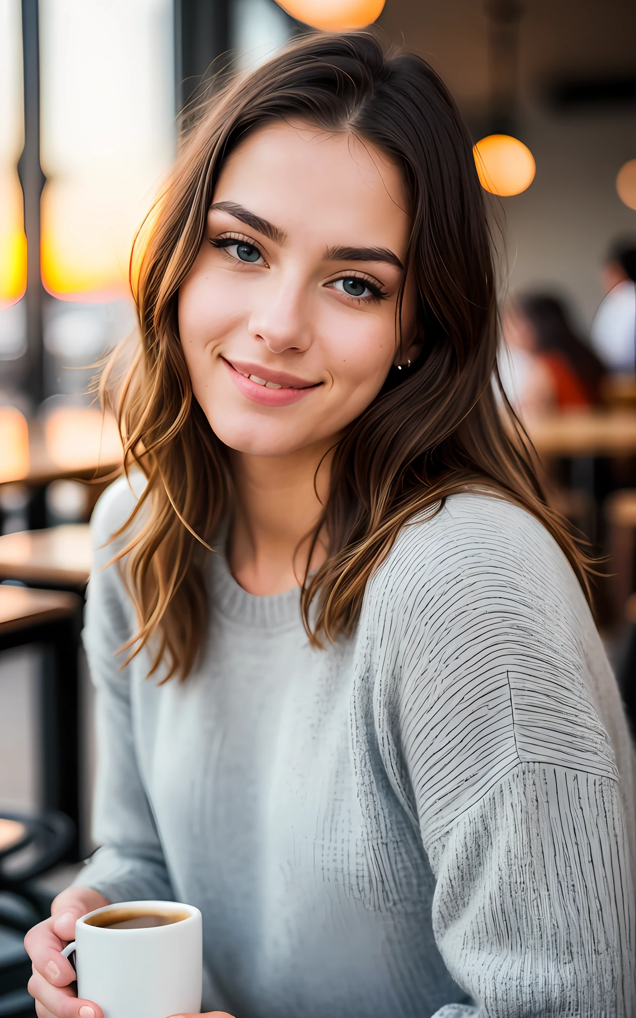 beautiful blonde wearing love sweater(sipping coffee inside a modern café at sunset), very detailed, 21 years old, innocent face, natural wavy hair, blue eyes, high resolution, masterpiece, best quality, intricate details, highly detailed, sharp focus, detailed skin, realistic skin texture, texture, detailed eyes, professional, 4k, charming smile, shot on Canon, 85mm, shallow depth of field,  kodak vision color, perfect fit body, extremely detailed, foto_\(ultra\), photorealistic, realistic, post-processing, maximum detail, roughness, real life, ultra realistic, photorealism, photography, 8k uhd, photography