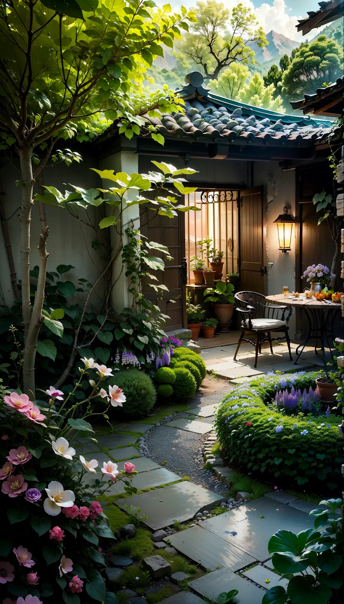 Seaside, small courtyard, railing, round table, stool, pillow, coffee, bouquet of flowers, green plants, trees, sea, ancient buildings, sofa, sun, clouds, sunset, sunset, wide angle lens, mountains, paradise, round flowers, round flowers, boxwood balls, creeper, , fragrant vine, wisteria, cannon flowers, , lingxiao, gourd, mountain turtle, ivy, rose, vine season clematis windmill jasmine triangle plum ball orchid