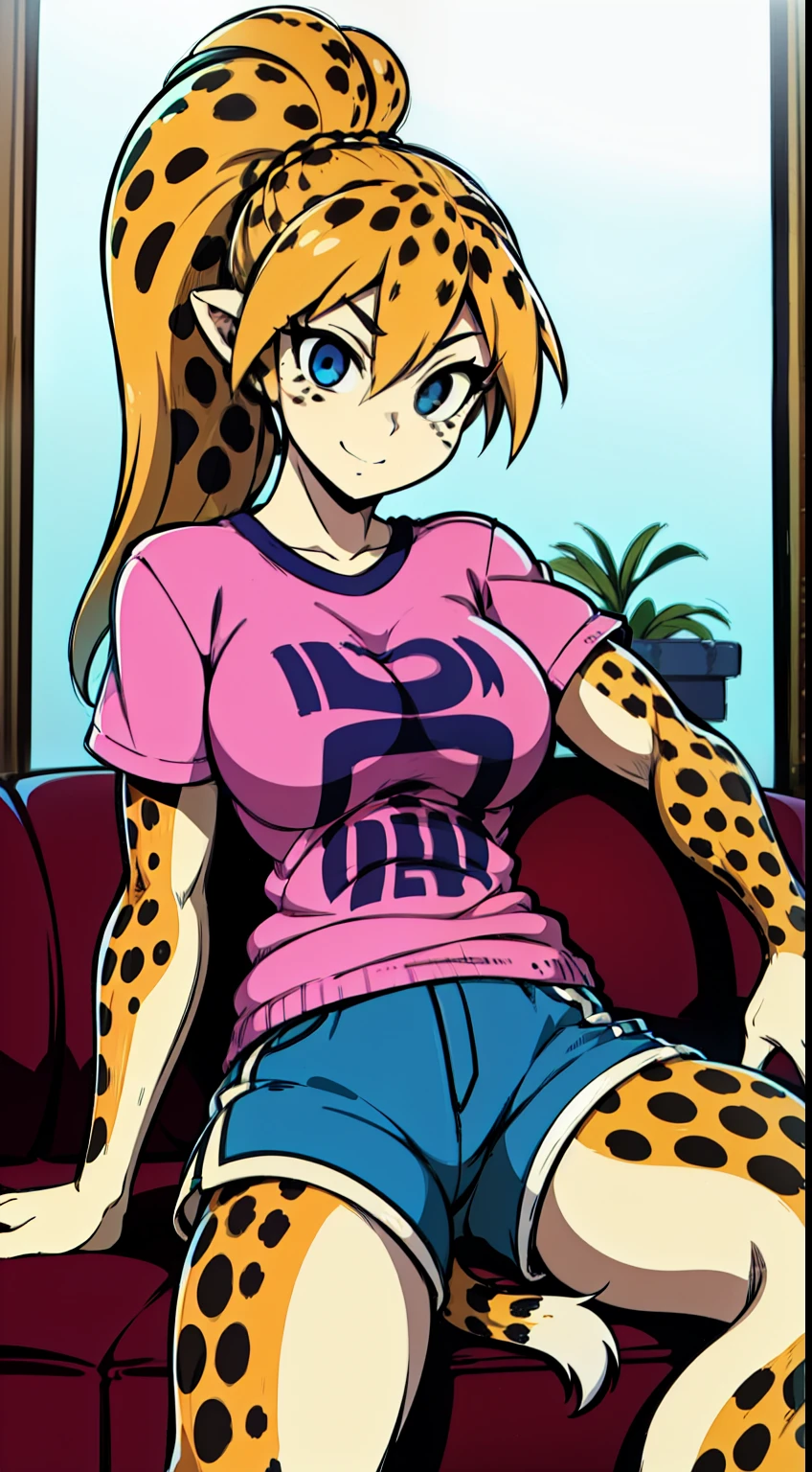 1girl, solo, Britanny Cheetah Digger, anthro, black eye marks, shirt, designer shirt, blue Shorts, sitting, in living room, couch, single tail, cheetah tail, ponytail, looking at viewer