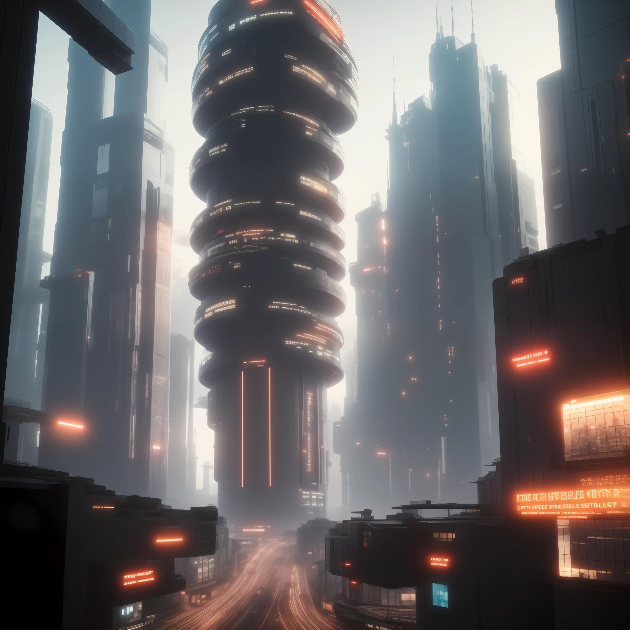 buildings in a city with a tall tower in the middle, 3 d render beeple, inspired by Mike "Beeple" Winkelmann, in style of beeple, futuristic city street, beeple rendering, arstation and beeple highly, inspired by Beeple, in a futuristic cyberpunk city, beeple |