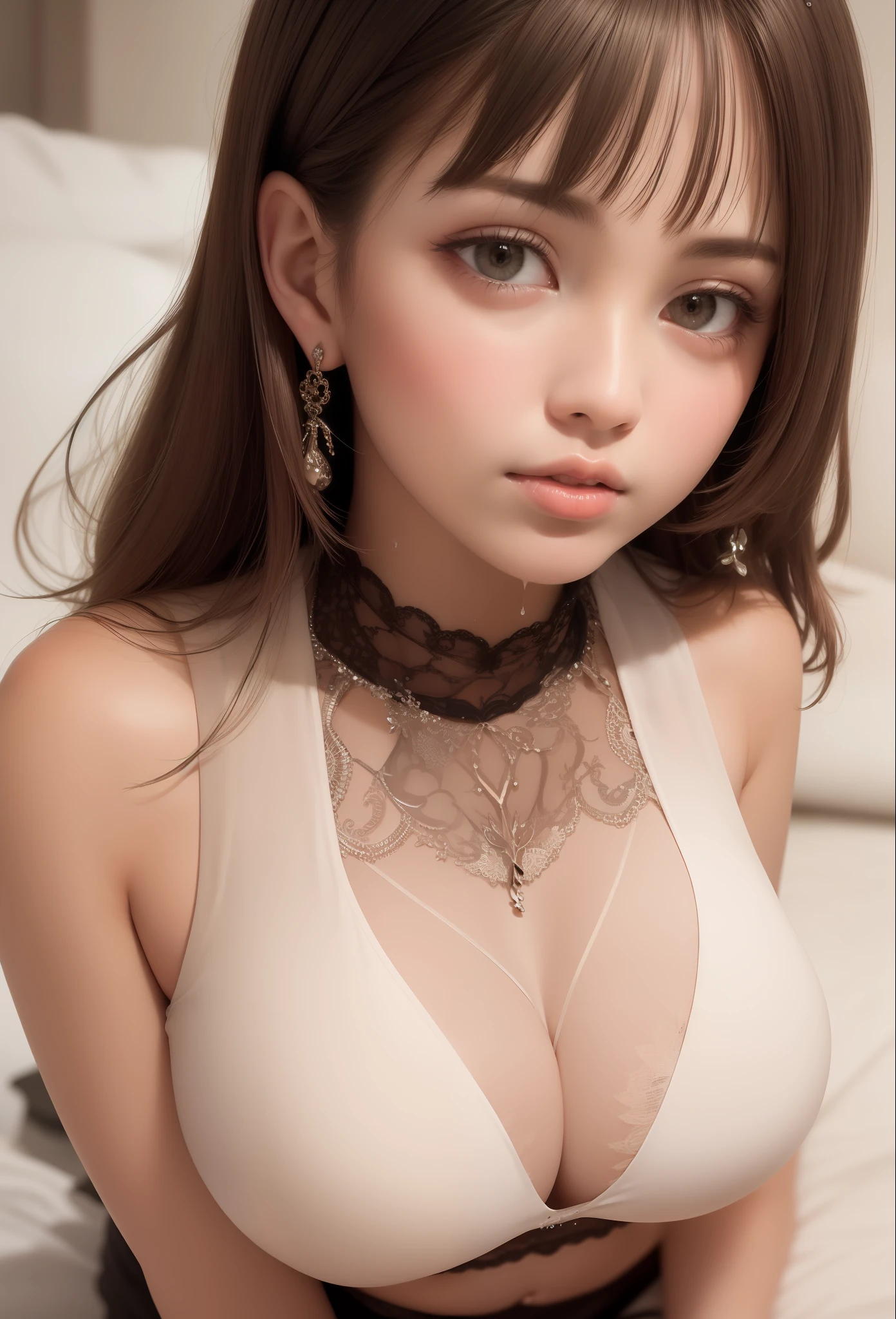Top quality, (realism: 1.2), 1 girl of , idol, gravure model, bangs, brown hair, brown eyes, fine face, beautiful eyes, hair ornaments, necklaces, earrings, see-through dress, luxurious lace embroidery, topless, brown eyes, v6, short gray hair, bob, (obvious cleavage: 1.8), (huge breasts beyond imagination: 3.6, huge breasts protrude: 2.4), undressing, blush, look, (stunning, high resolution, RAW photography, realism: 1.25), (light color lip gloss, long eyelashes, clear double eyes, smooth face, bright skin, natural shadows, wide light, wide light, depth of field, strong colors, subtle caustics: 0.8), (good design)), (fabric area is extremely small)), waist constriction, (wet skin), ((( Her body is wet)), ((see-through))), (the shape of the pubic area is clearly visible: 1.2), sexual expression, (knees upright and legs open: 1.8), lying on bed, ((rubbing your breasts yourself)), sexy, masturbating, belly dancing, areola visible, gorgeous